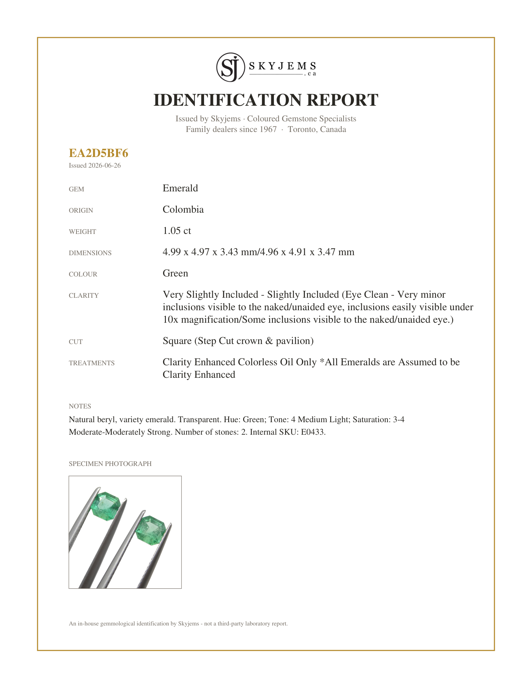Skyjems Identification Report for E0433 — 1.05ct Pair Square Green Emerald from Colombia