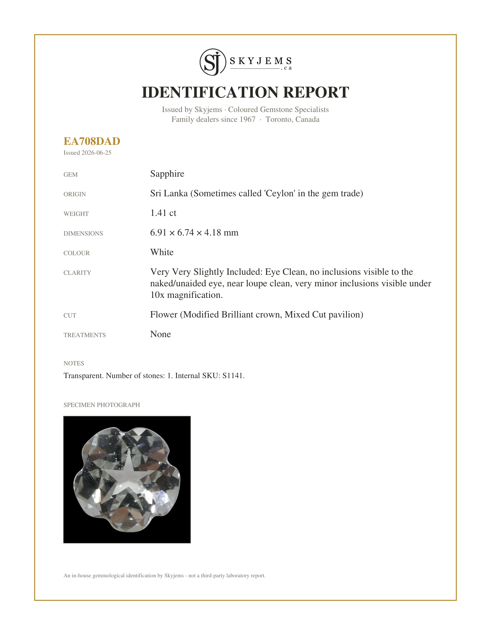 Skyjems Identification Report for S1141 — 1.41ct White Sapphire Flower