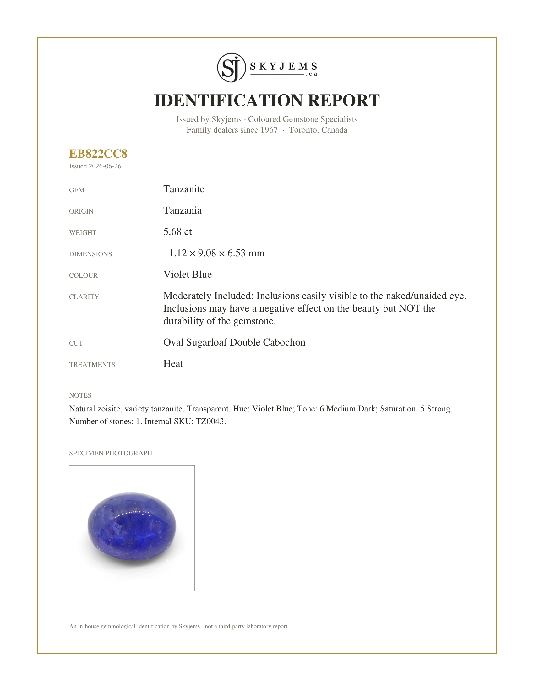 Skyjems Identification Report for TZ0043 — 5.68ct Oval Cabochon Violet Blue Tanzanite from Tanzania