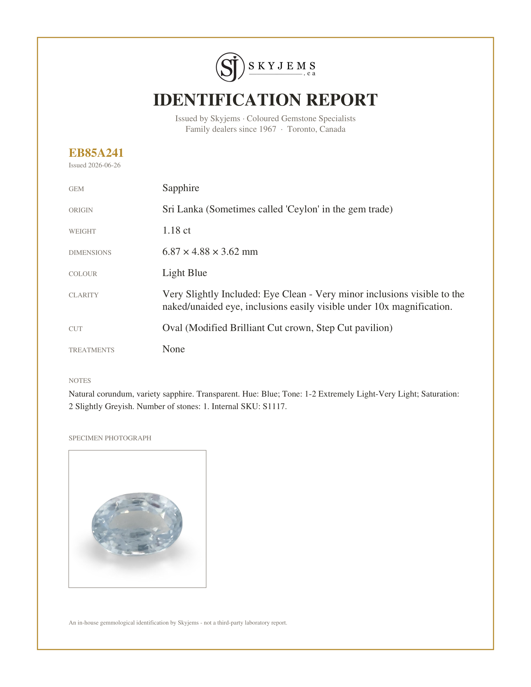 Skyjems Identification Report for S1117 — 1.18ct Oval Icy Blue Sapphire from Sri Lanka Unheated