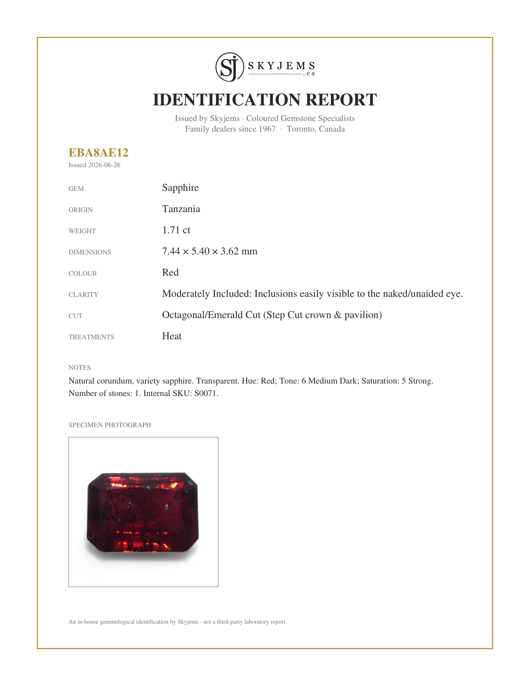 Skyjems Identification Report for S0071 — 1.71ct Octagonal/Emerald Cut Red Sapphire from Tanzania