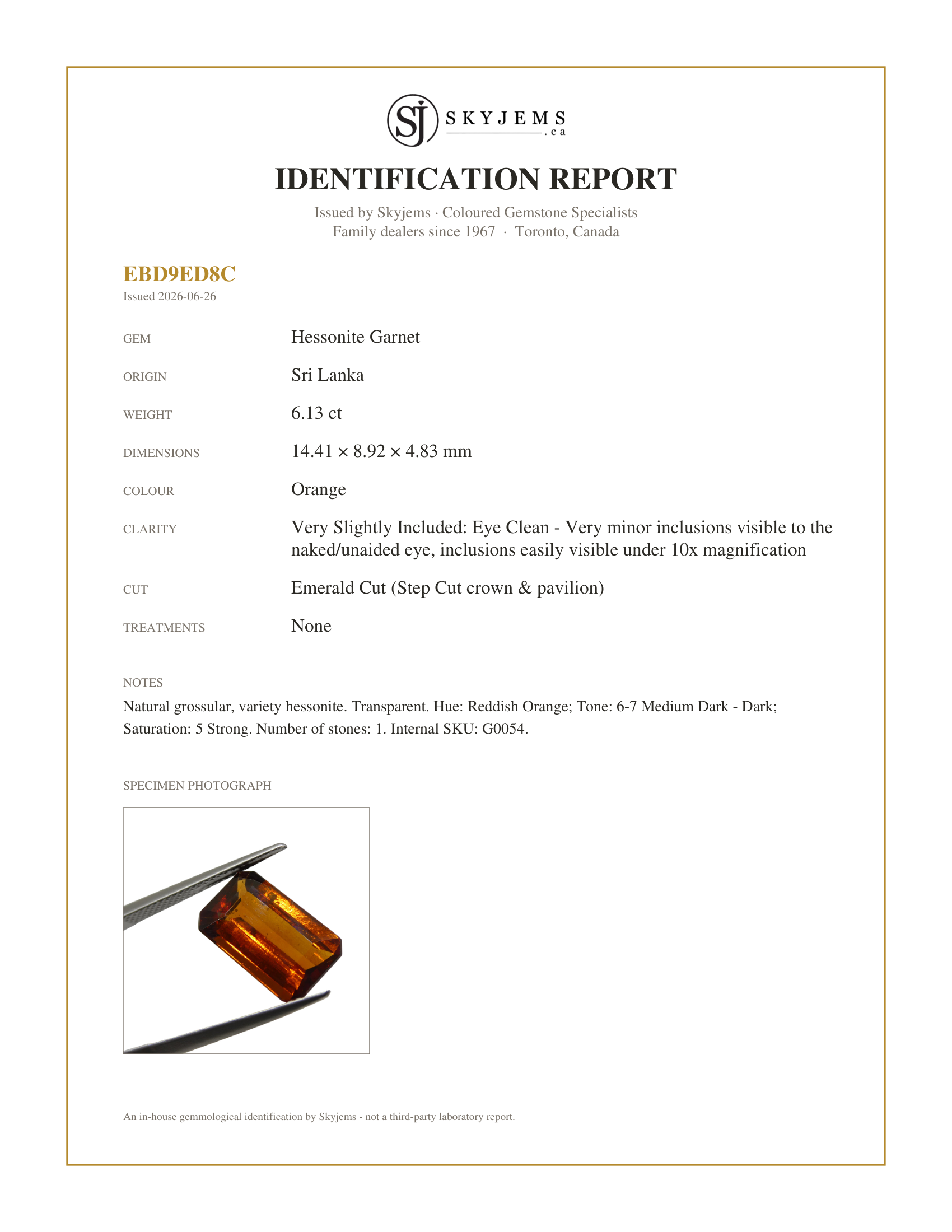 Skyjems Identification Report for G0054 — 6.13ct Emerald Cut Reddish Orange Hessonite Garnet from Sri Lanka