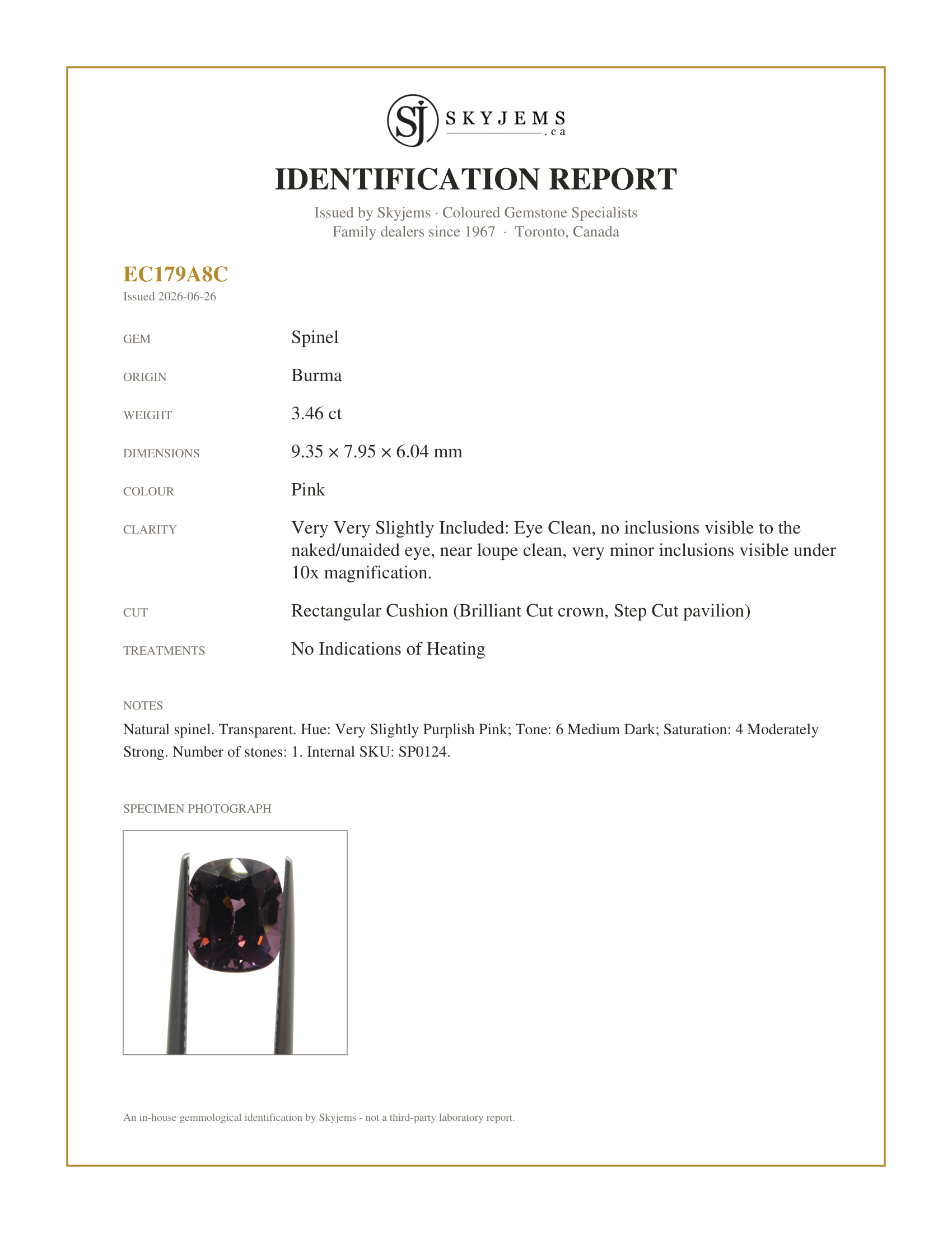 Skyjems Identification Report for SP0124 — 3.46ct Rectangular Cushion Pink Spinel from Burma