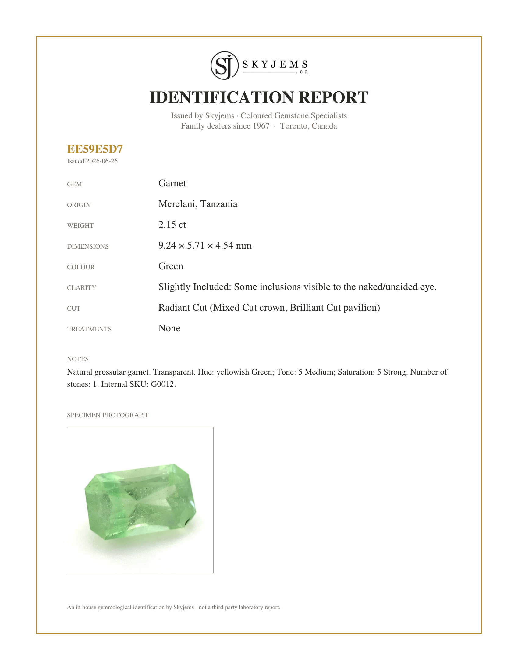 Skyjems Identification Report for G0012 — 2.15ct Radiant Cut Green Merelani Mint Tsavorite Garnet from Tanzania