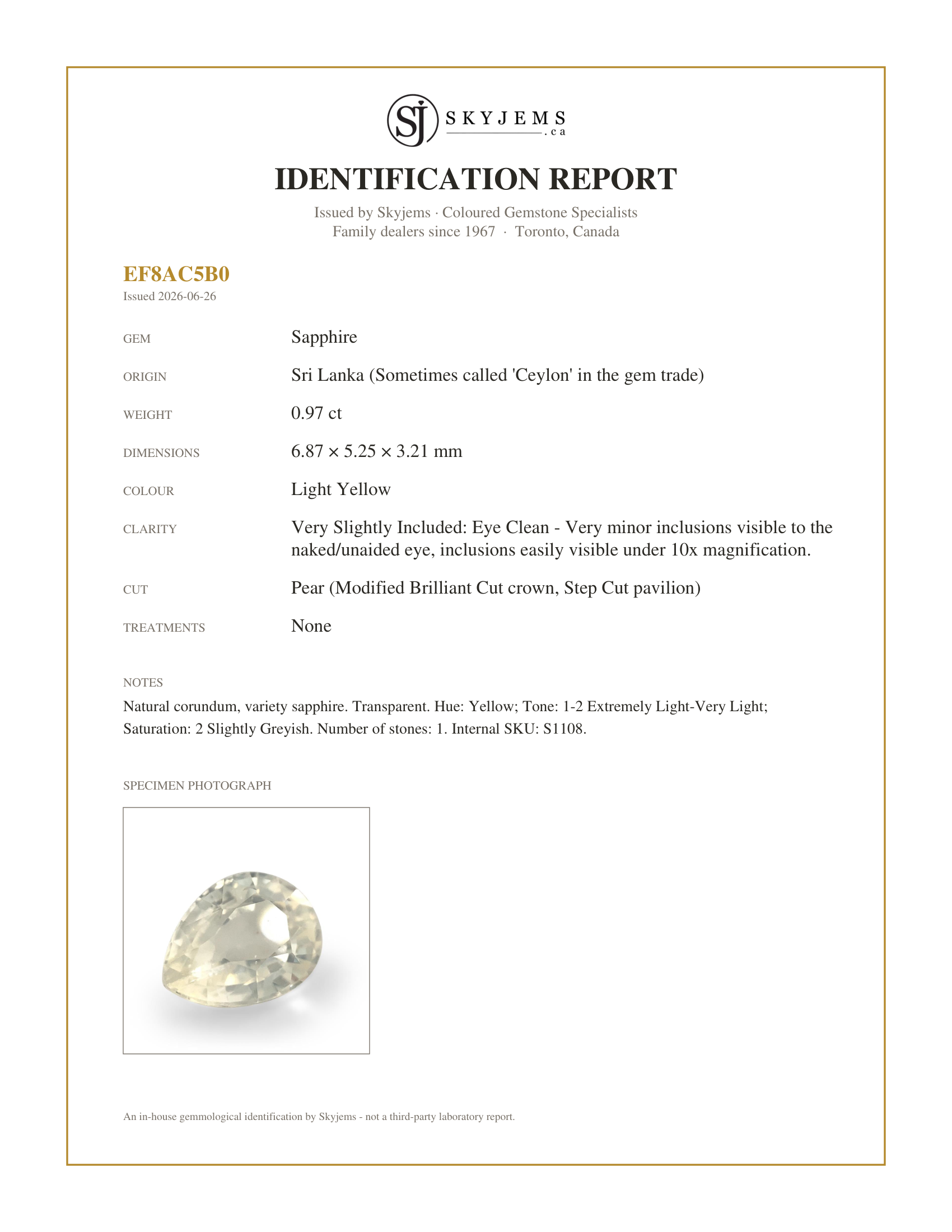 Skyjems Identification Report for S1108 — 0.97ct Pear Pastel Yellow Sapphire from Sri Lanka Unheated