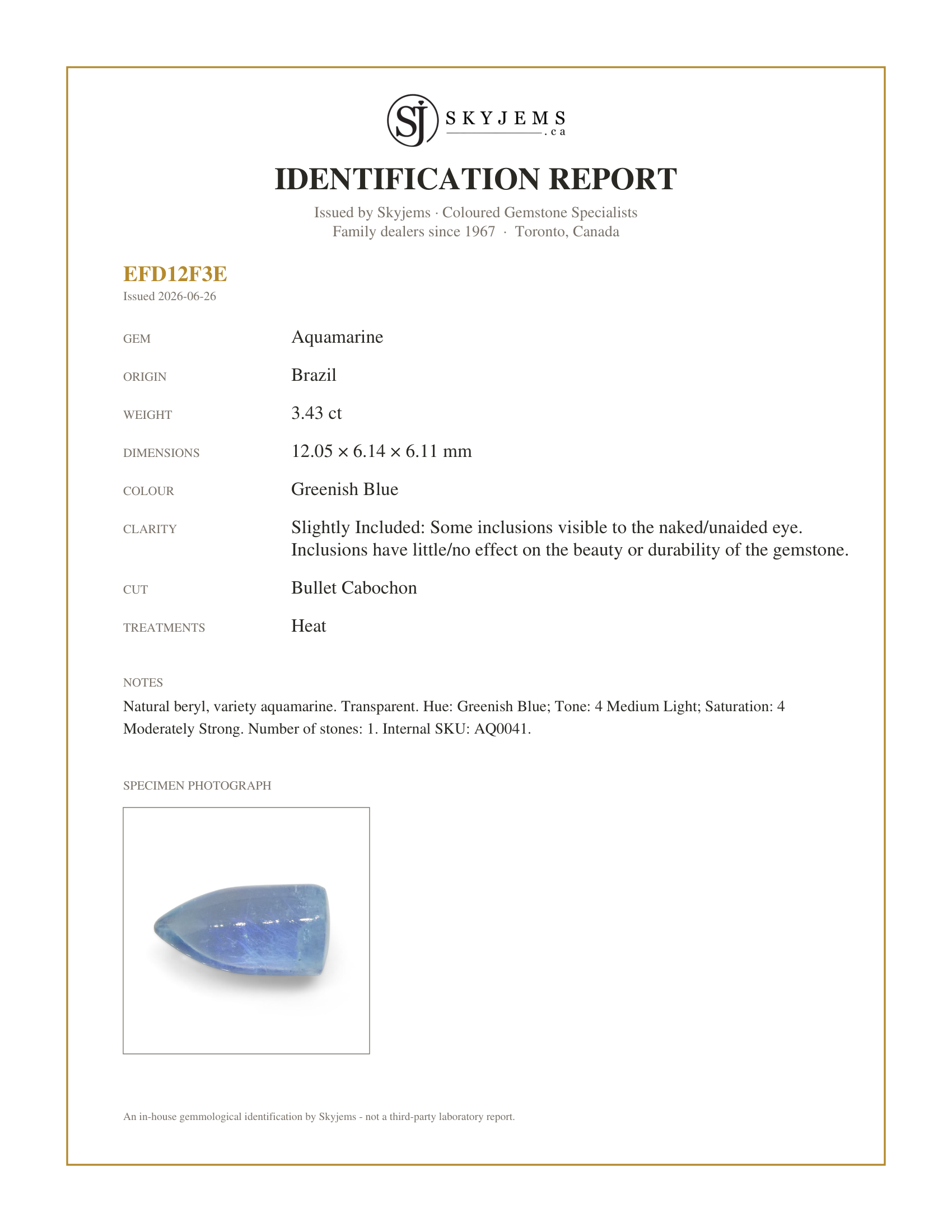 Skyjems Identification Report for AQ0041 — 3.43ct Bullet Cabochon Blue Aquamarine from Brazil