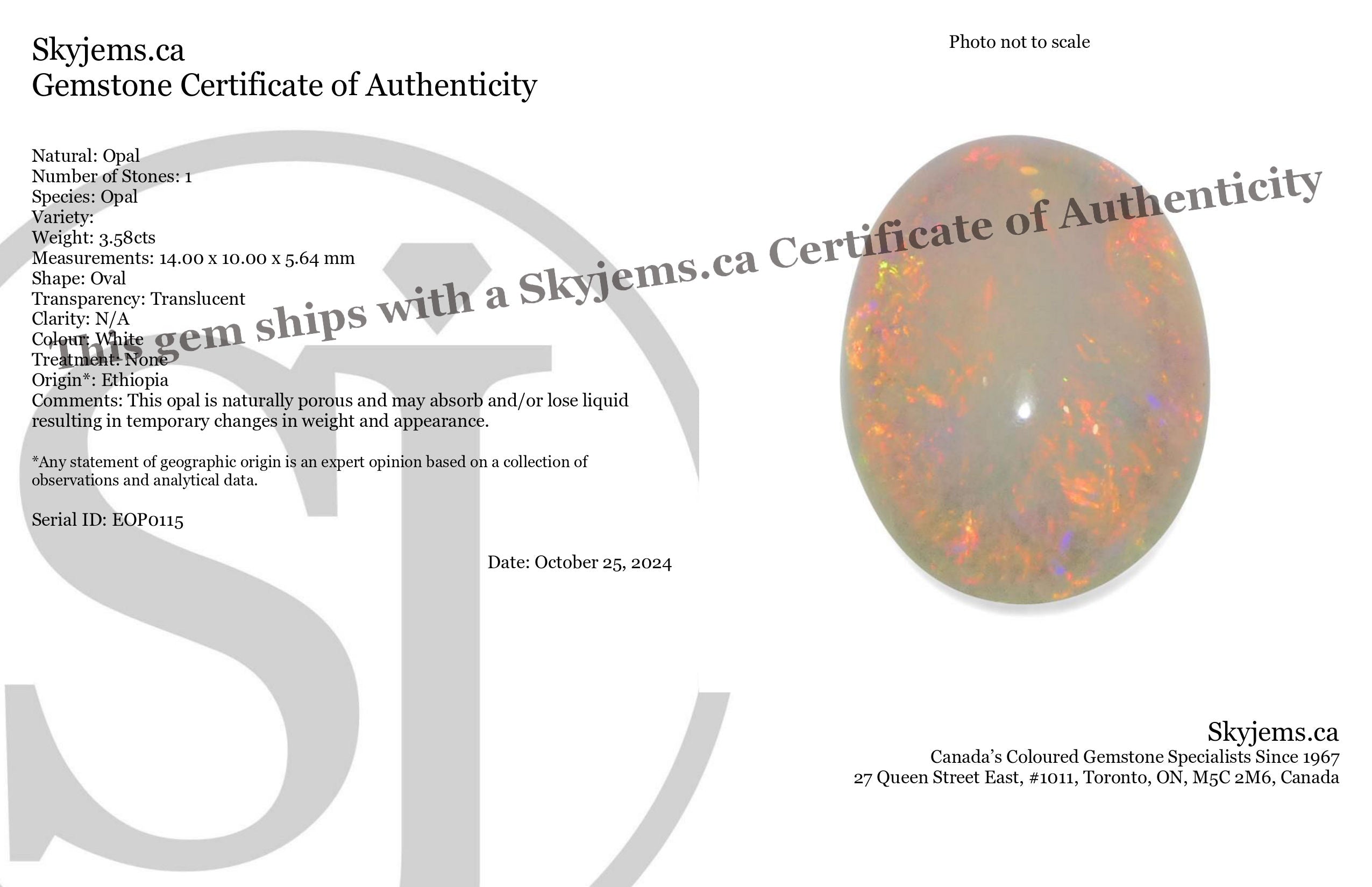3.58ct Oval Cabochon White Welo Opal from Ethiopia - Skyjems Wholesale Gemstones