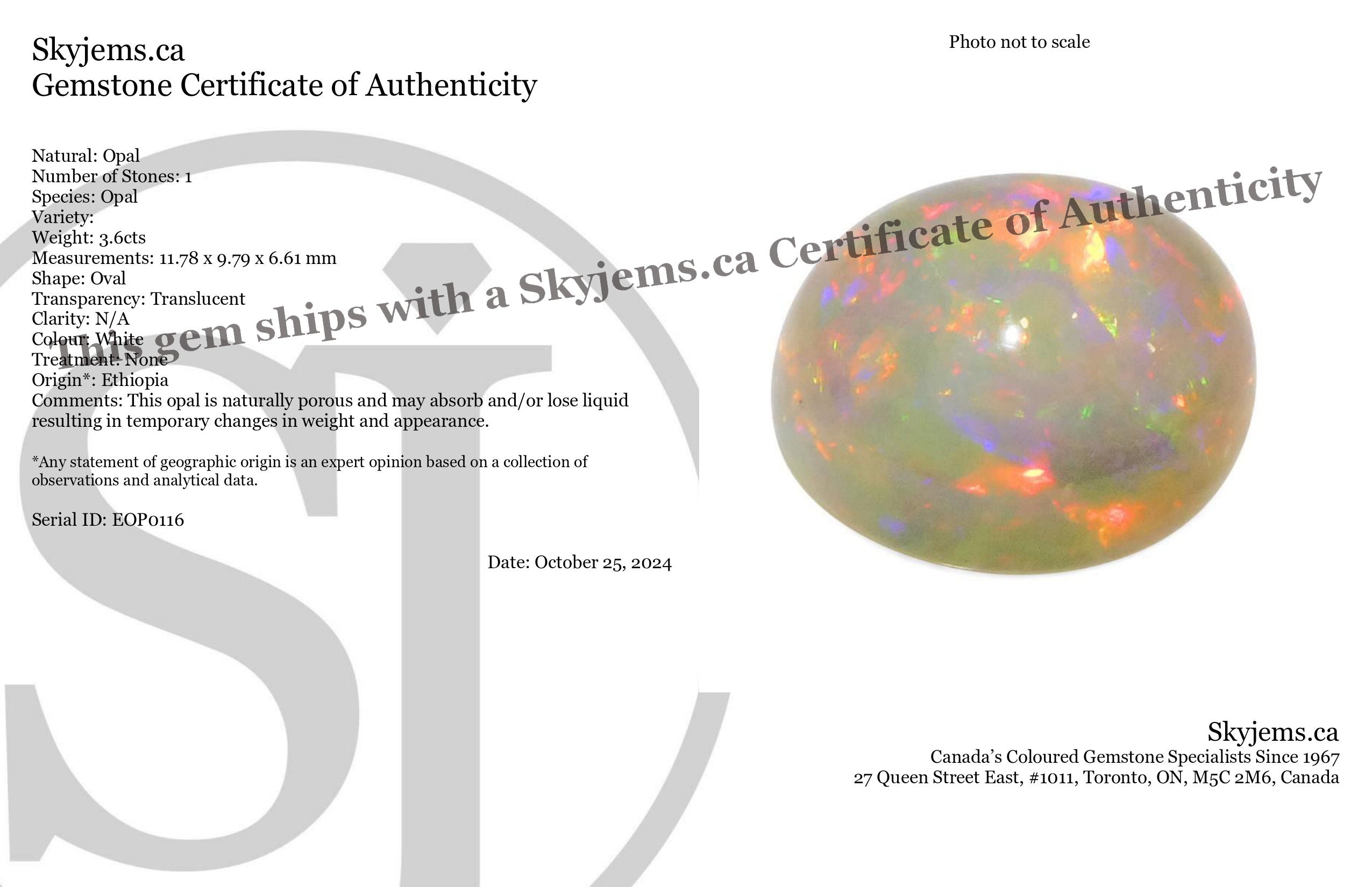 SkyJems 3.6ct White Welo Opal Cabochon from Ethiopia with vibrant play of color, oval-cut gemstone