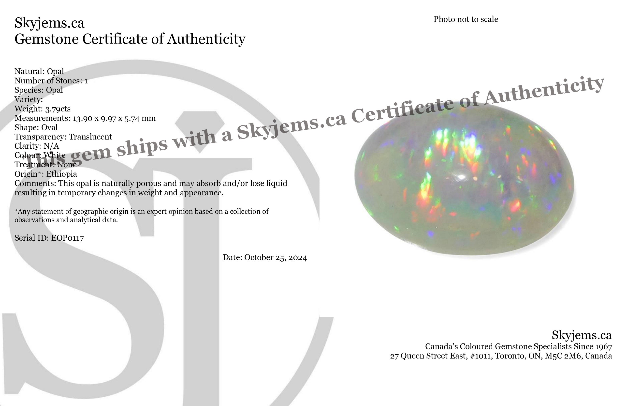 3.79ct Oval Cabochon White Welo Opal from Ethiopia - Skyjems Wholesale Gemstones