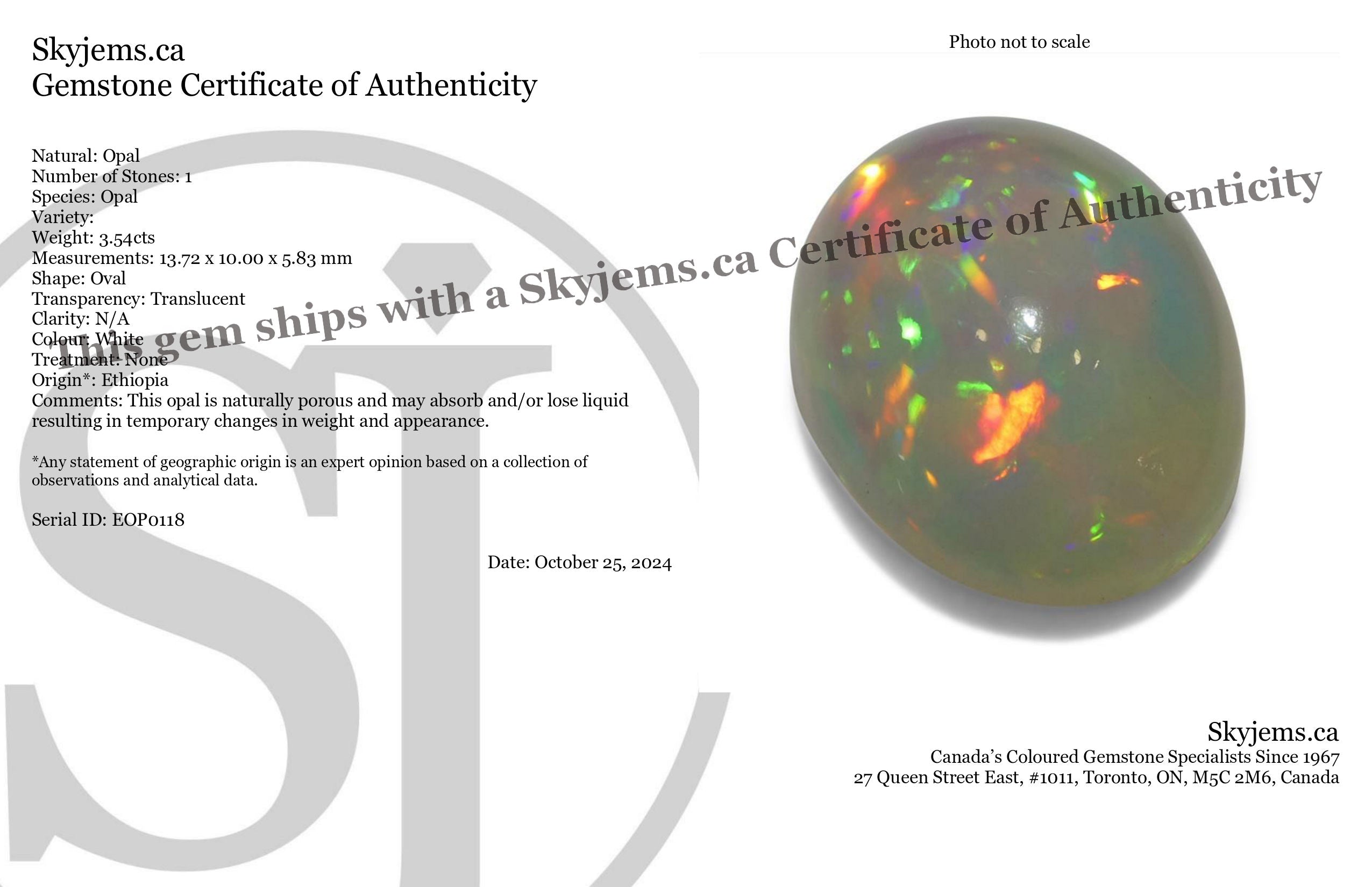 3.54ct Oval Cabochon White Welo Opal from Ethiopia - Skyjems Wholesale Gemstones