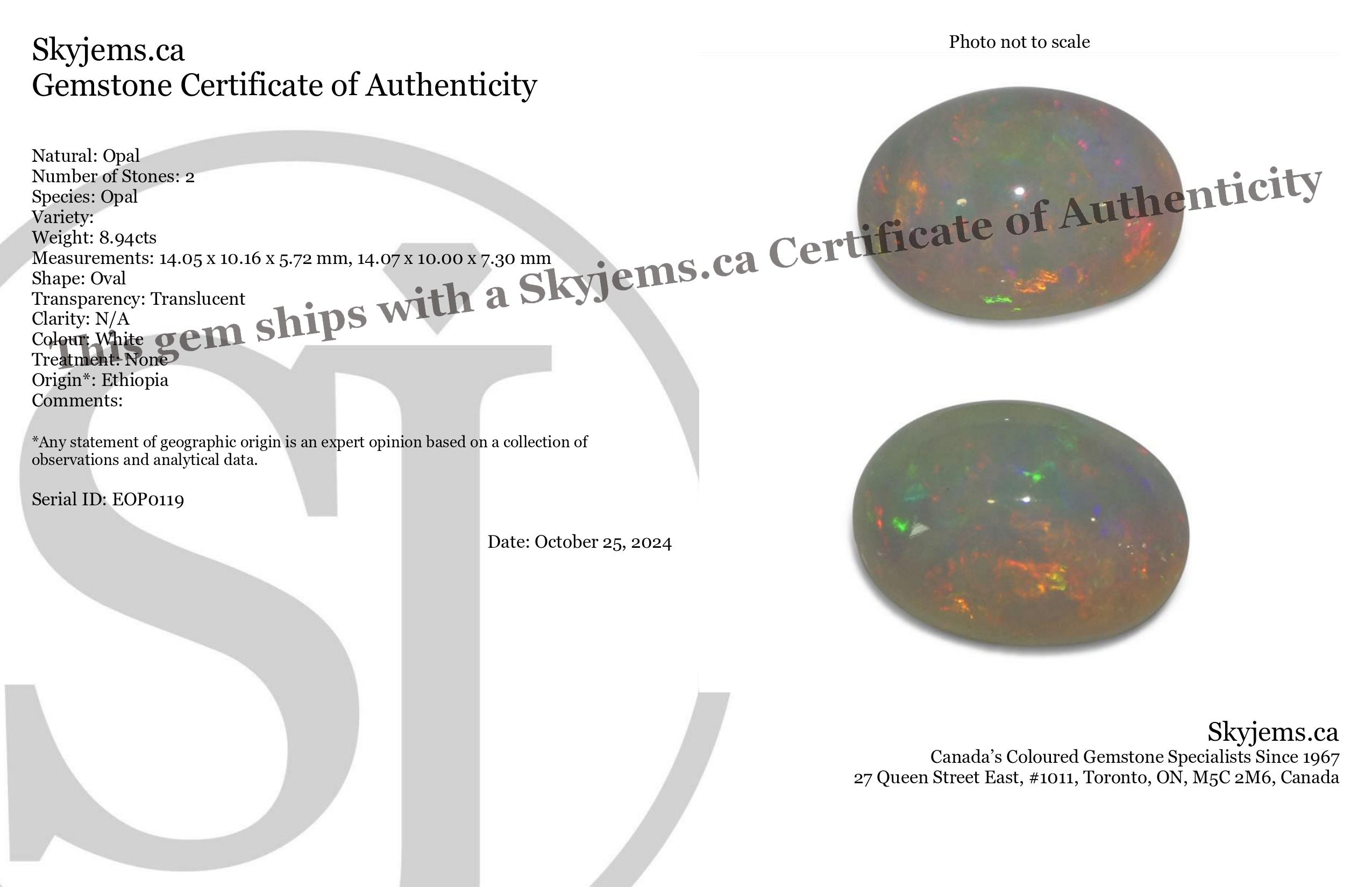 8.94ct Pair Oval Cabochon White Welo Opal from Ethiopia - Skyjems Wholesale Gemstones