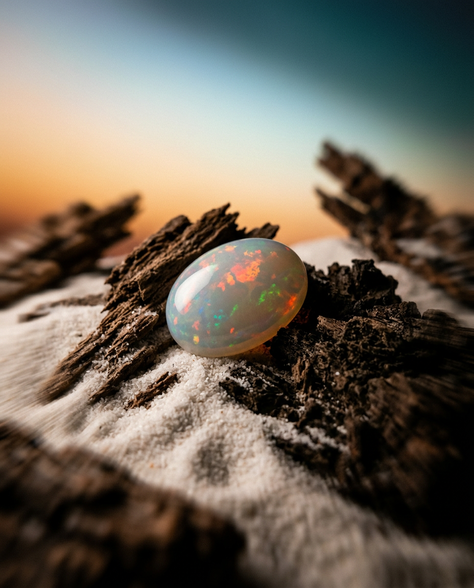 3.48ct White Crystal Opal from Ethiopia, oval cabochon gemstone with play of colour by SkyJems Canadian gem experts