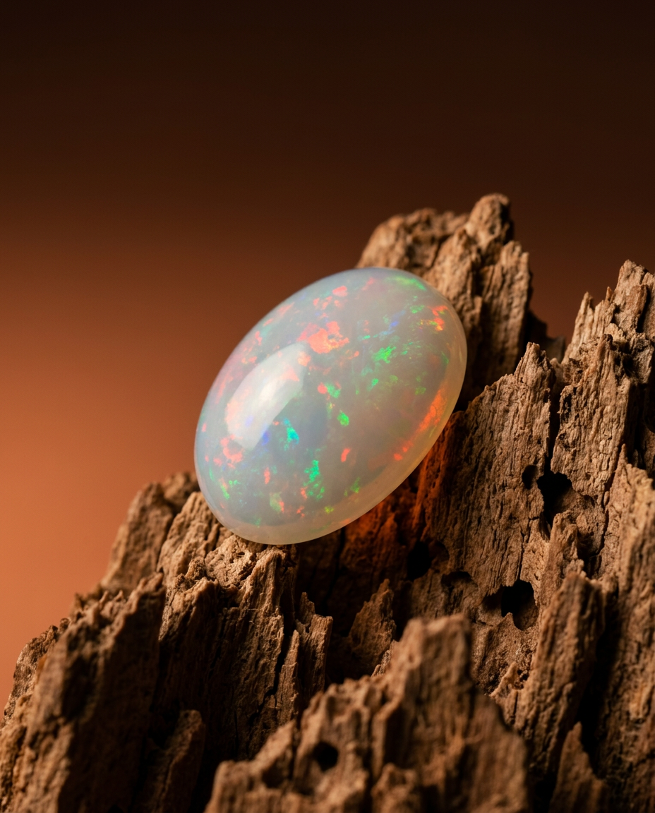 3.48ct White Crystal Opal from Ethiopia, oval cabochon gemstone with play of colour, premium SkyJems collection