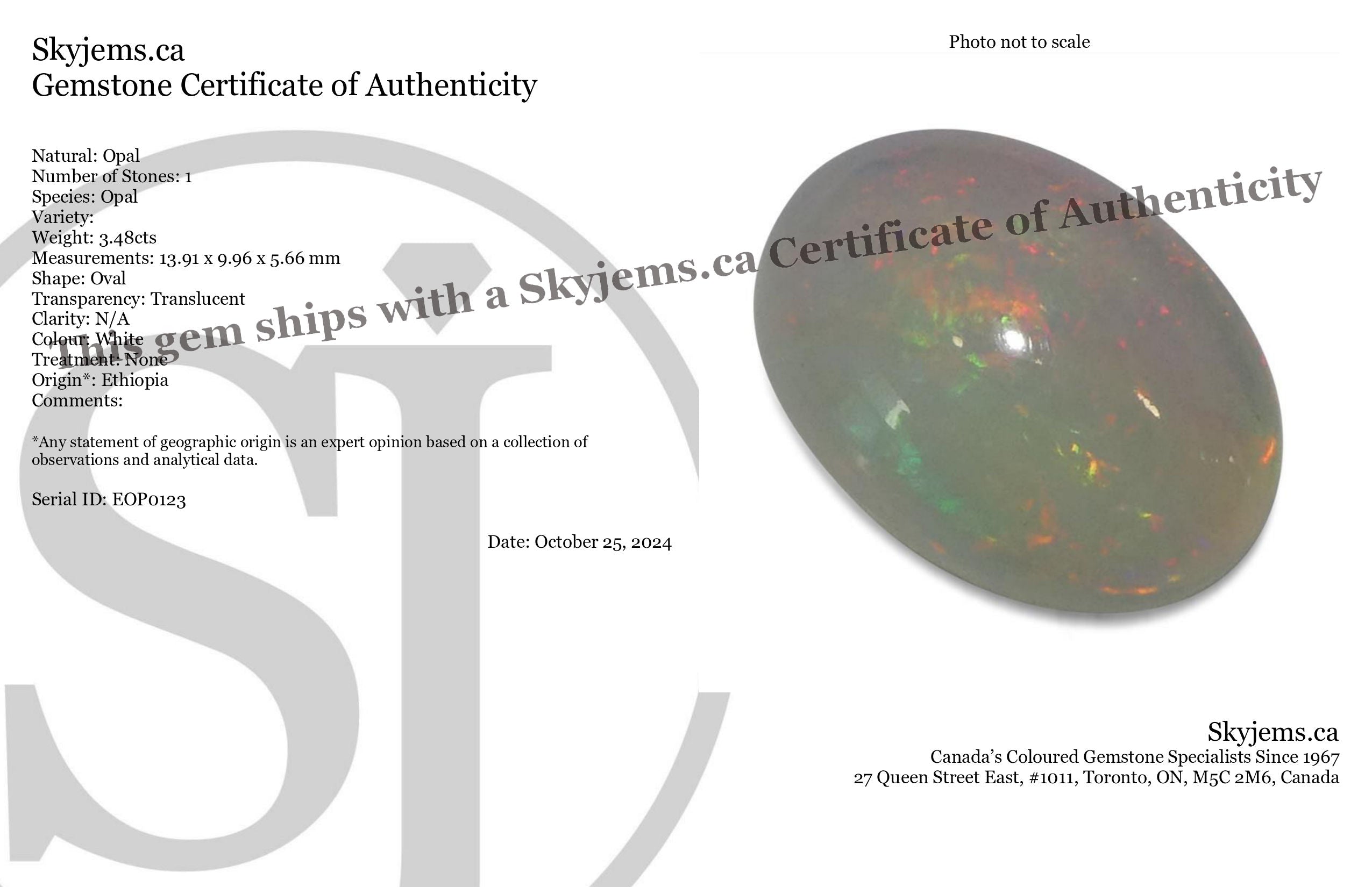 3.48ct Oval Cabochon White Crystal Opal from Ethiopia - Skyjems Wholesale Gemstones