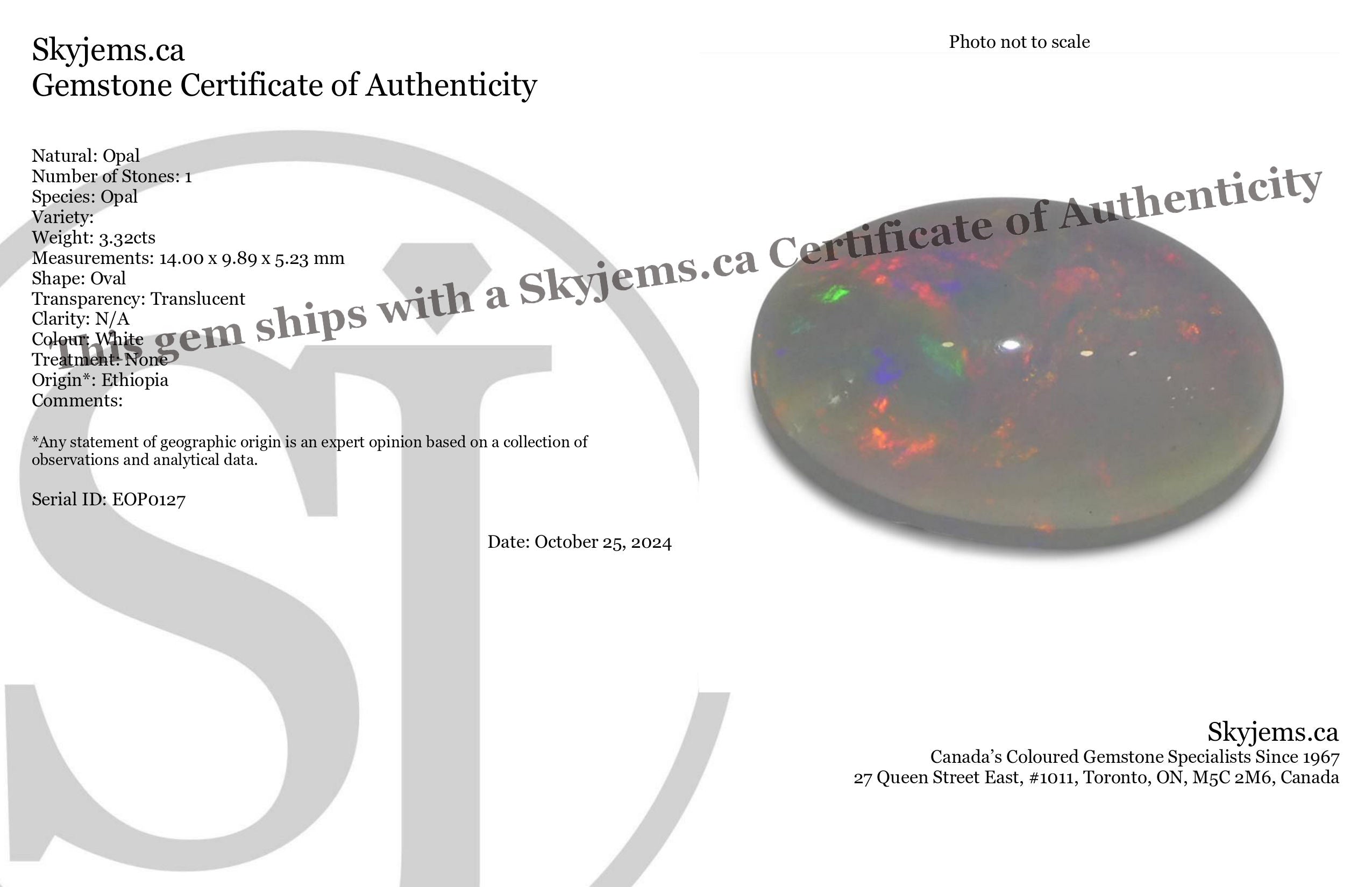 3.32ct Oval Cabochon White Crystal Opal from Ethiopia - Skyjems Wholesale Gemstones