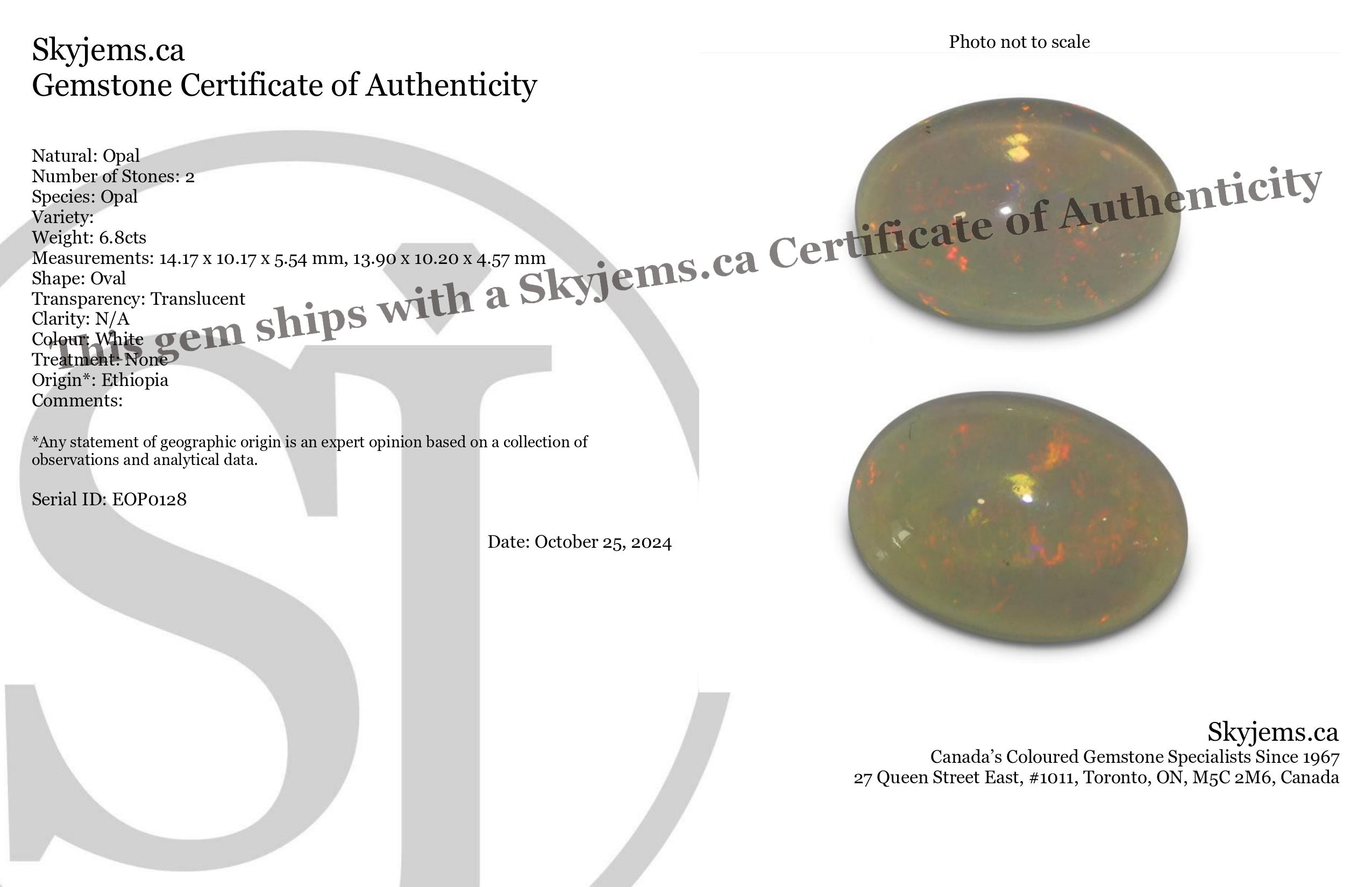 6.8ct Pair Oval Cabochon White Crystal Opal from Ethiopia - Skyjems Wholesale Gemstones