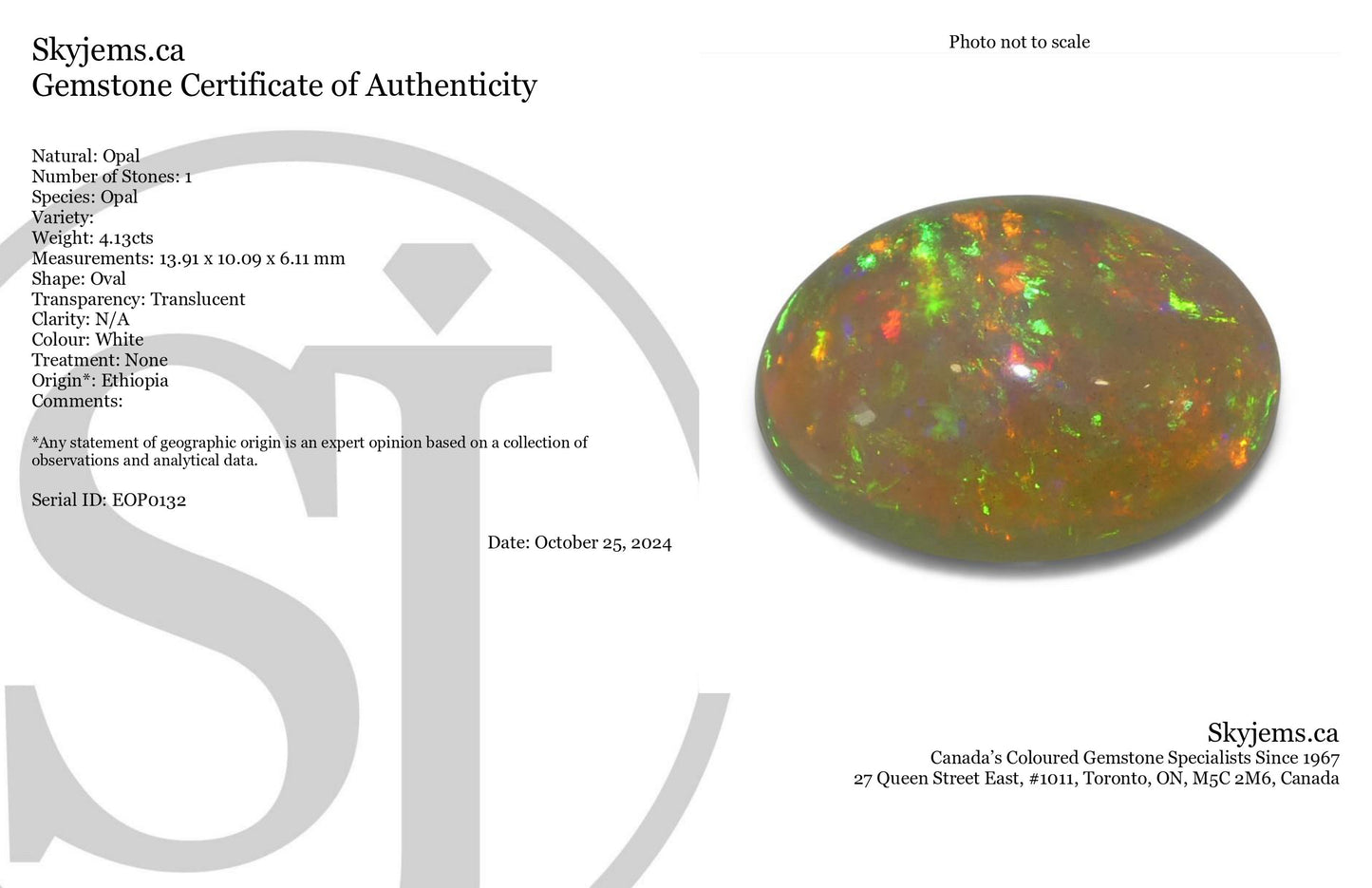 4.13ct Oval Cabochon White Crystal Opal from Ethiopia