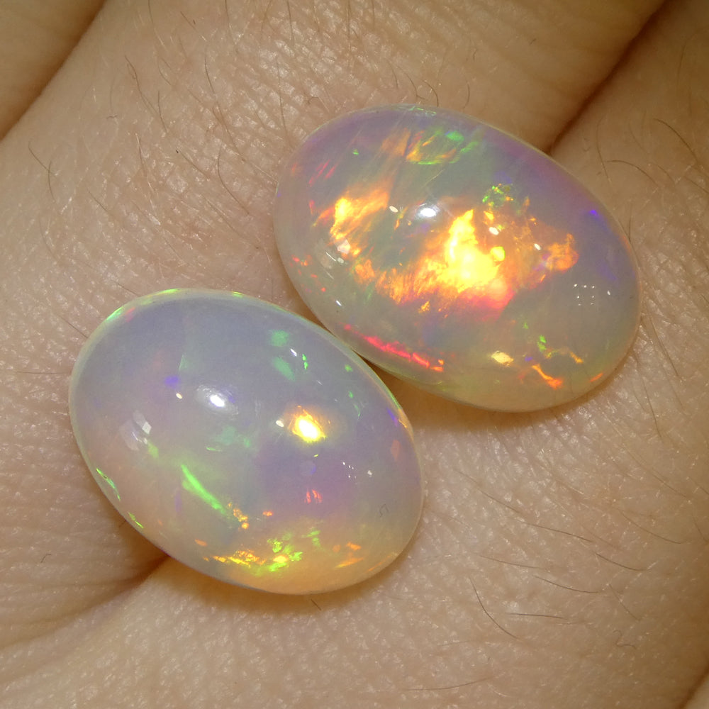 6.96ct Pair Oval Cabochon White Crystal Opal from Ethiopia - Skyjems Wholesale Gemstones