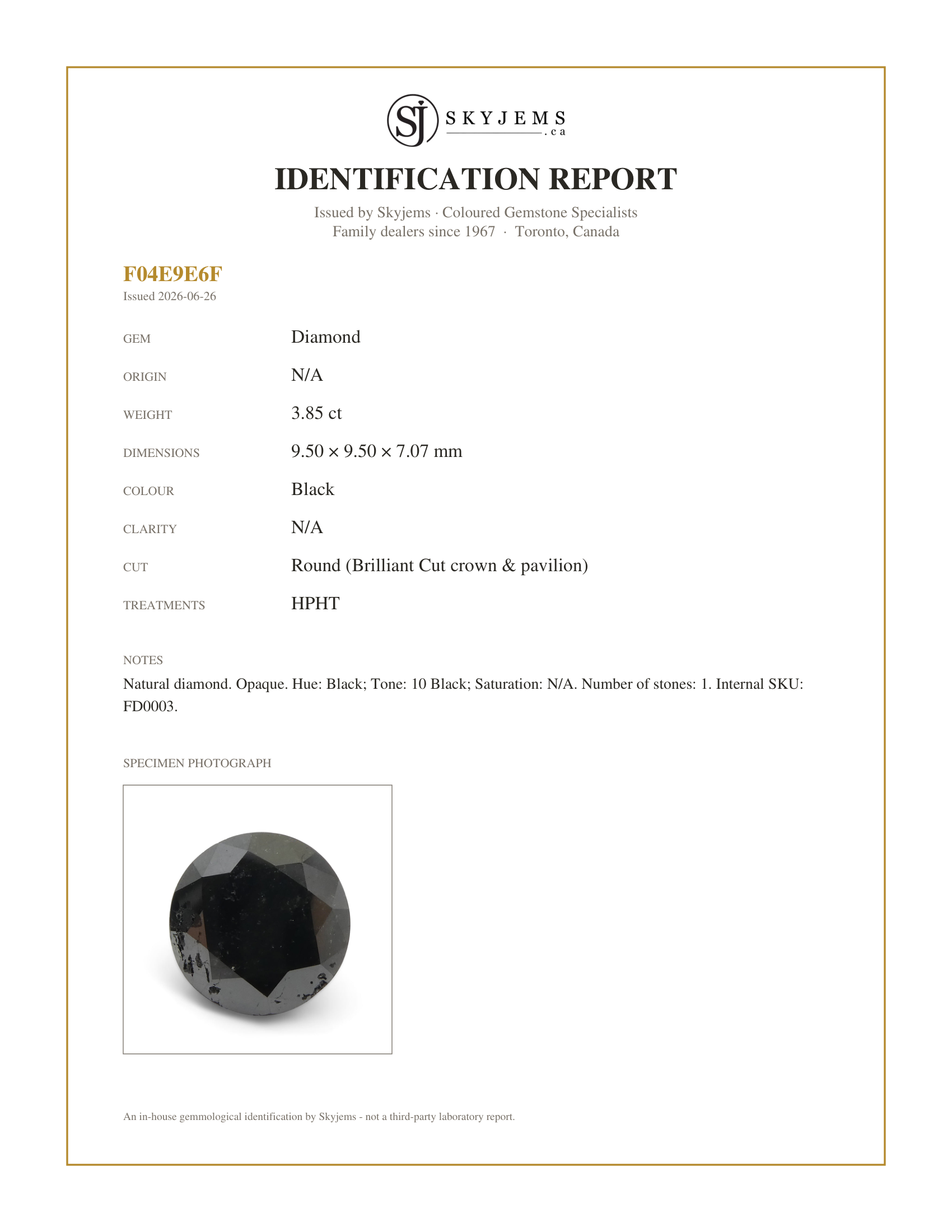 Skyjems Identification Report for FD0003 — 3.85ct Round Brilliant Cut Black Diamond