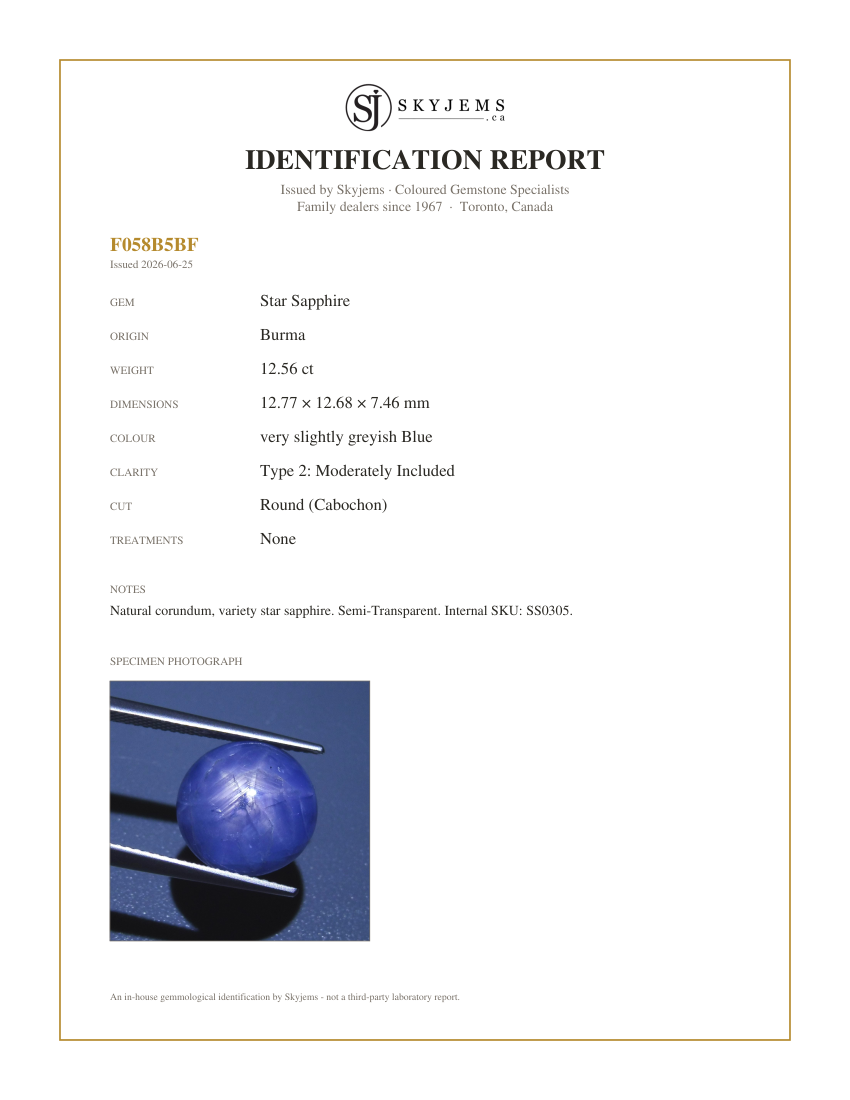 Skyjems Identification Report for SS0305 — 12.56 ct Round Star Sapphire