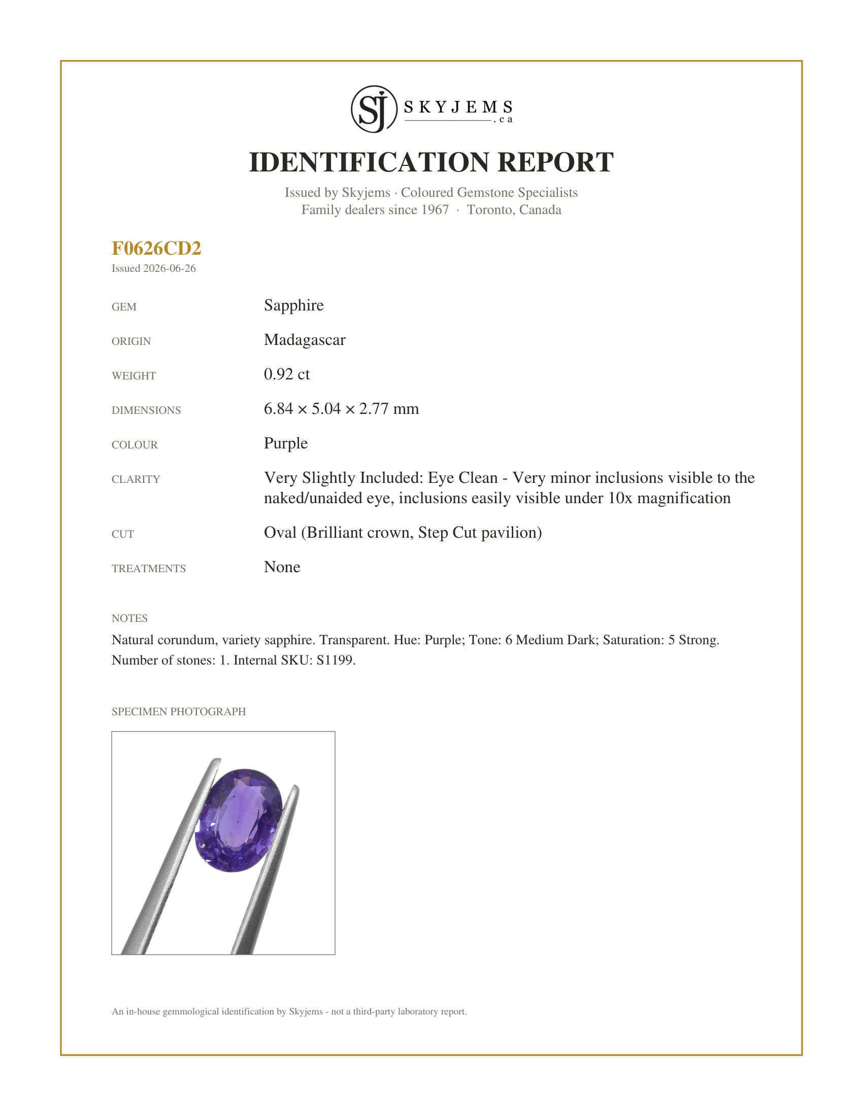 Skyjems Identification Report for S1199 — 0.92ct Oval Purple Sapphire from Madagascar Unheated
