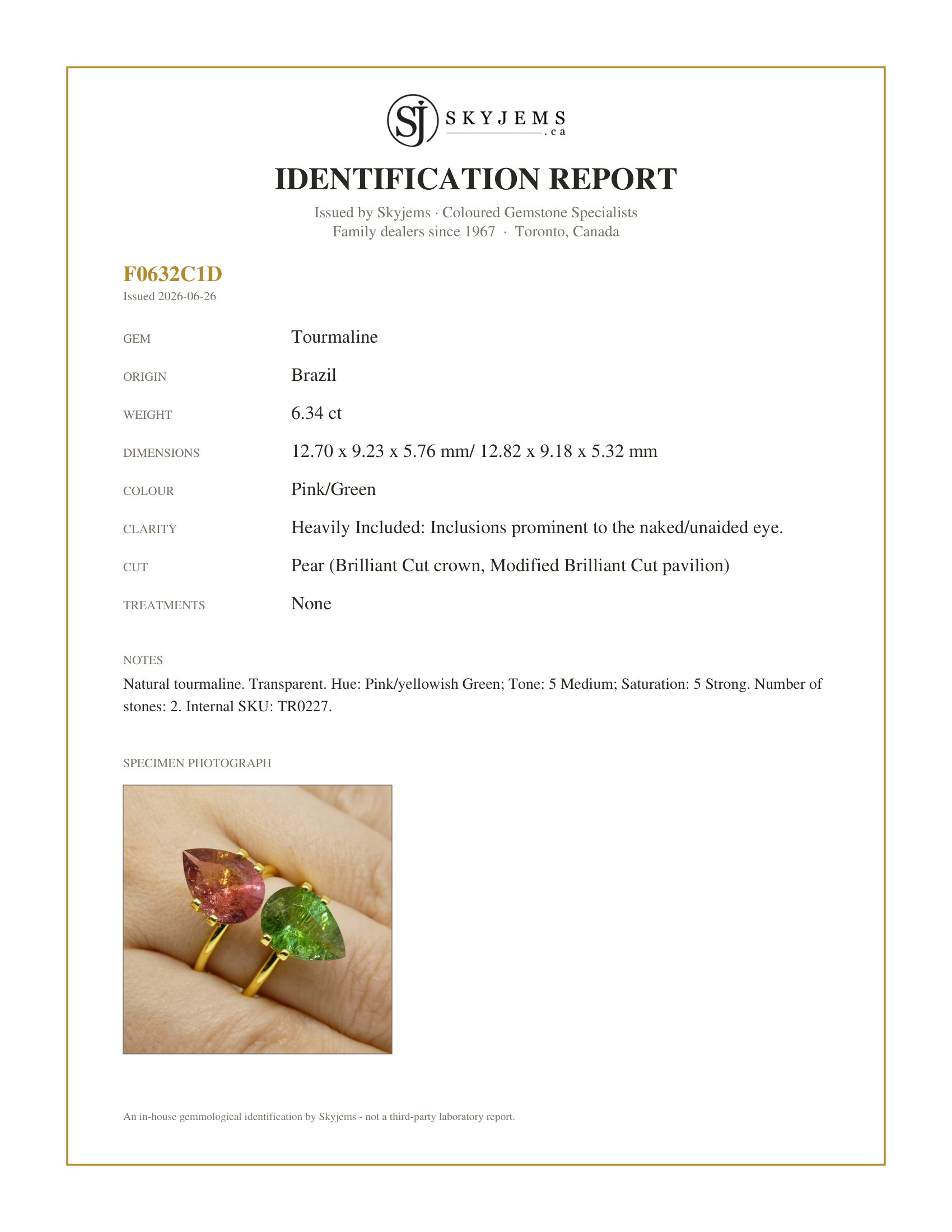 Skyjems Identification Report for TR0227 — 6.34ct Pair Pear Pink/Green Tourmaline