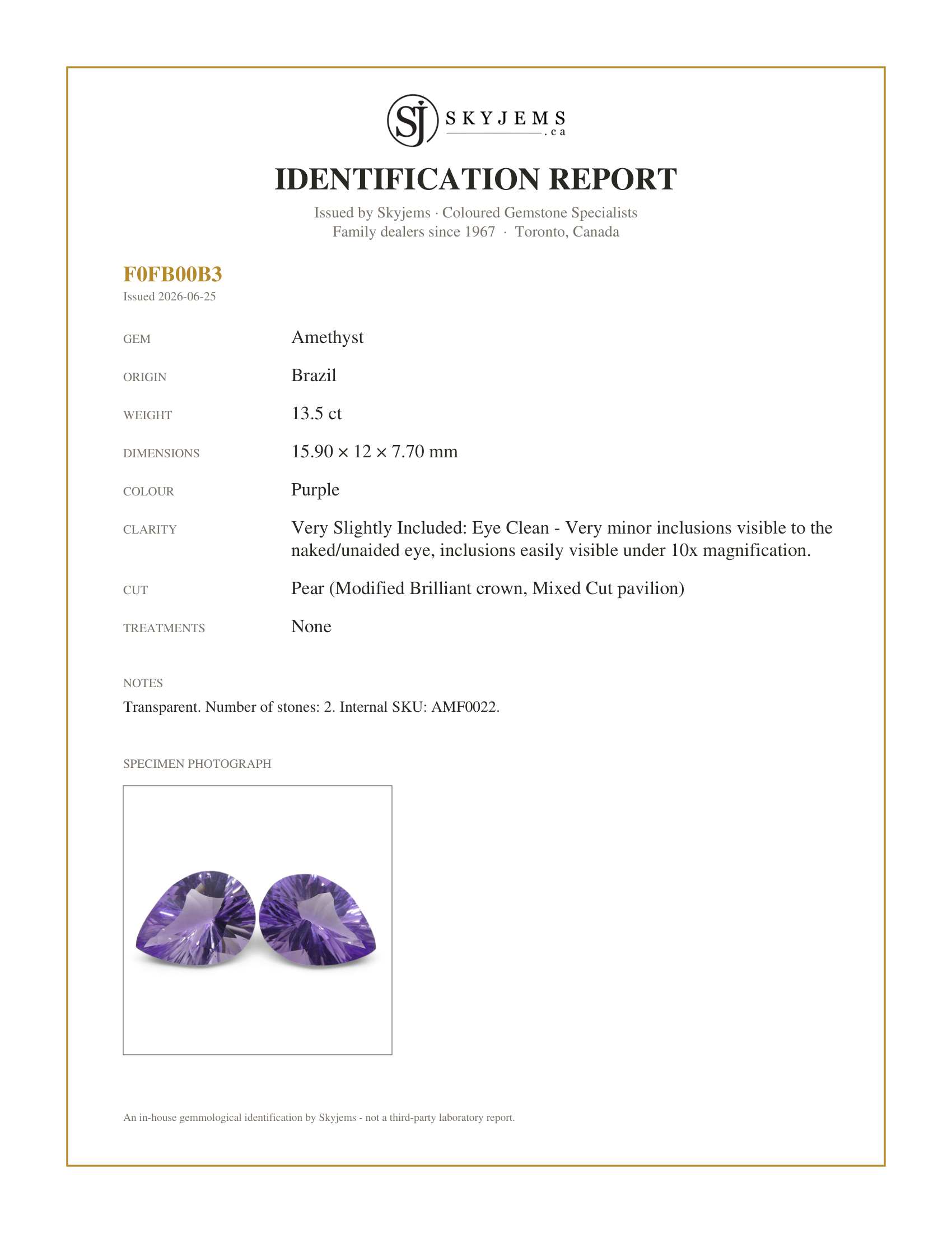 Skyjems Identification Report for AMF0022 — 13.50ct Pear Amethyst Fantasy/Fancy Cut Pair