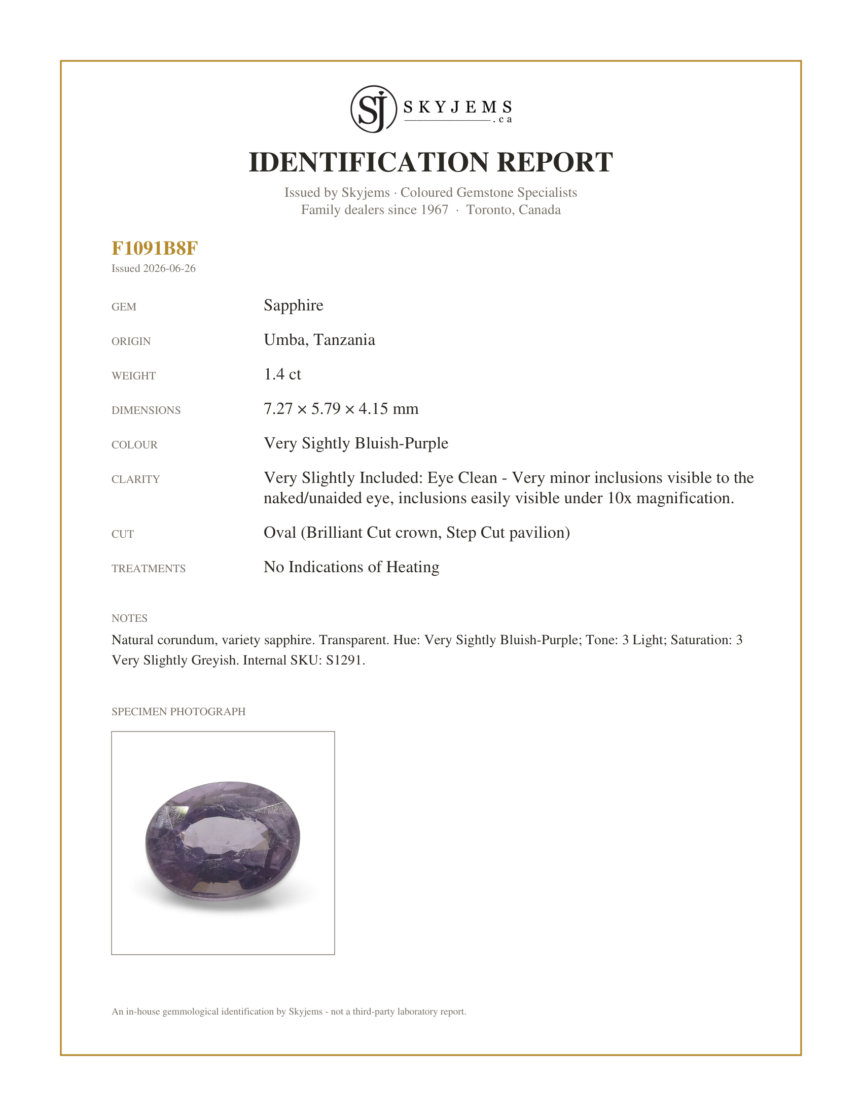 Skyjems Identification Report for S1291 — 1.4ct Oval Bluish-Purple Sapphire from Umba, Tanzania, Unheated