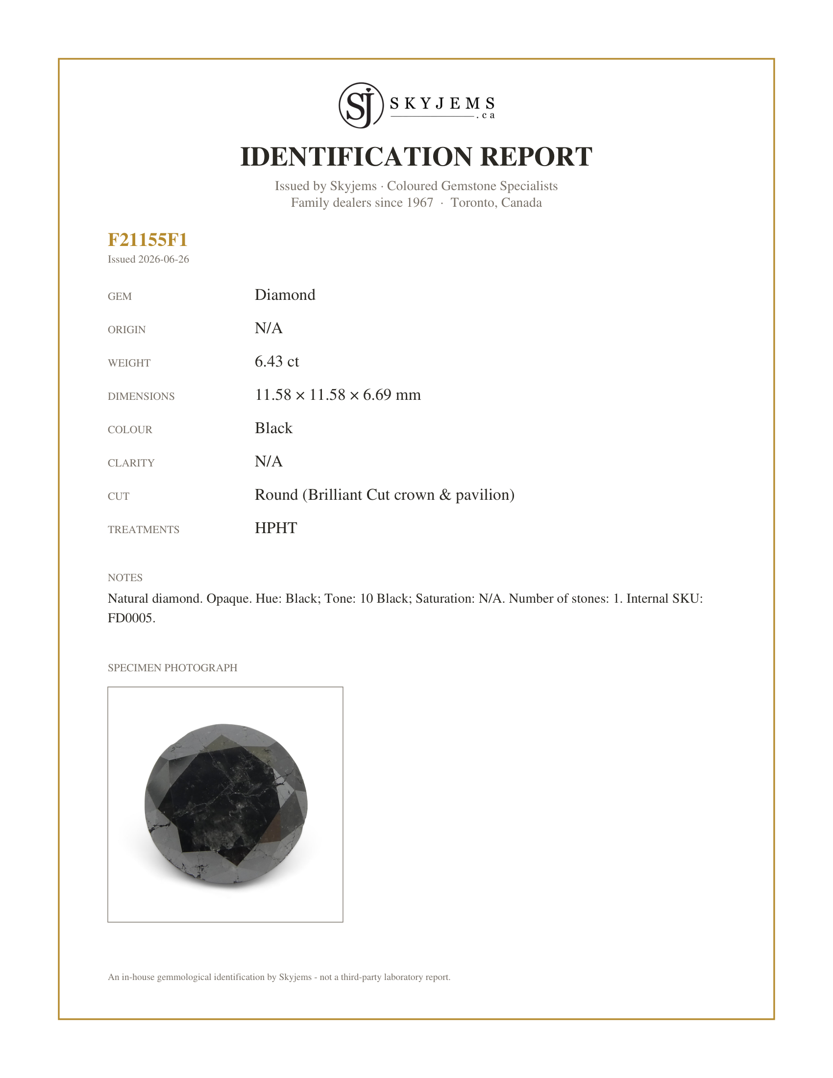 Skyjems Identification Report for FD0005 — 6.43ct Round Brilliant Cut Black Diamond