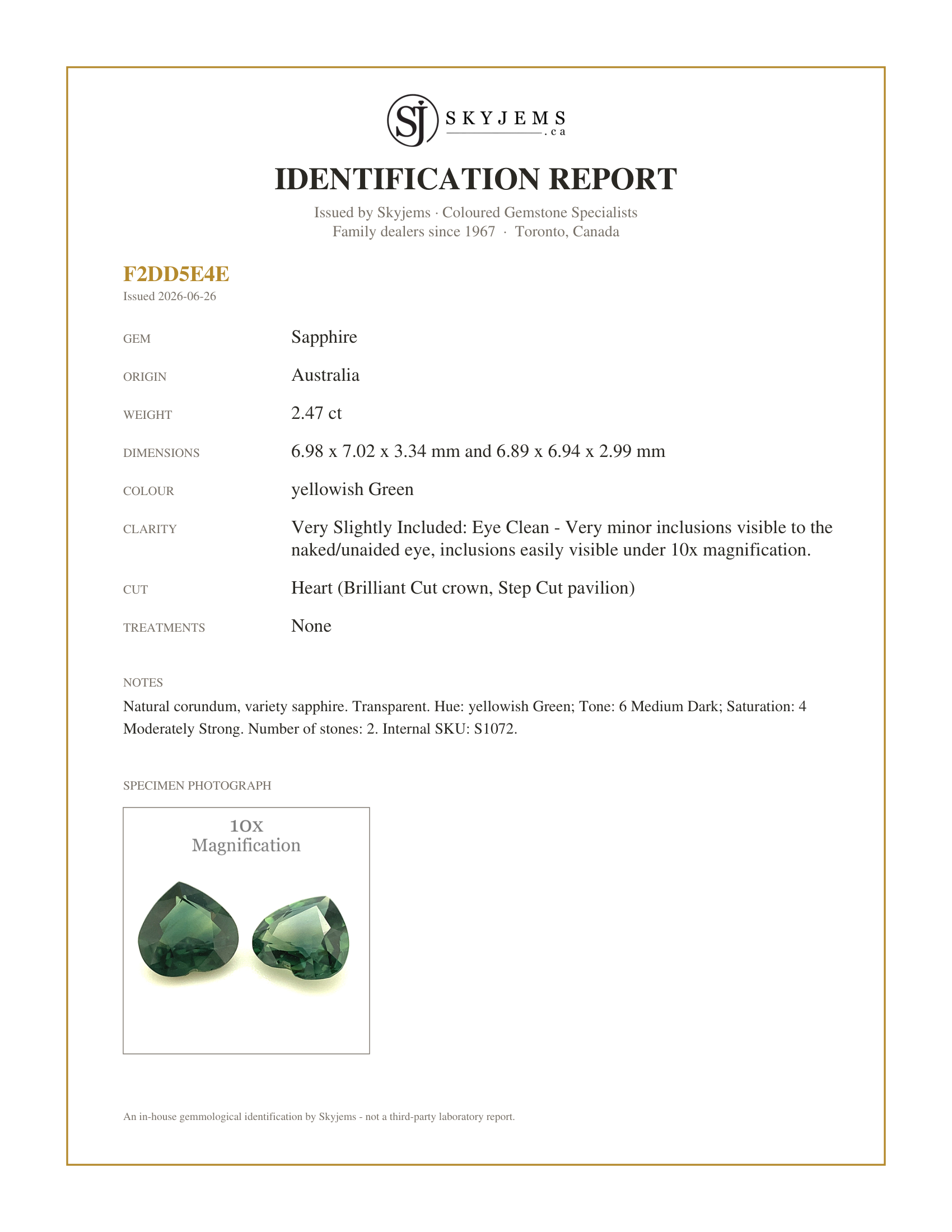Skyjems Identification Report for S1072 — 2.47ct Pair Heart Green Sapphire from Australia Unheated