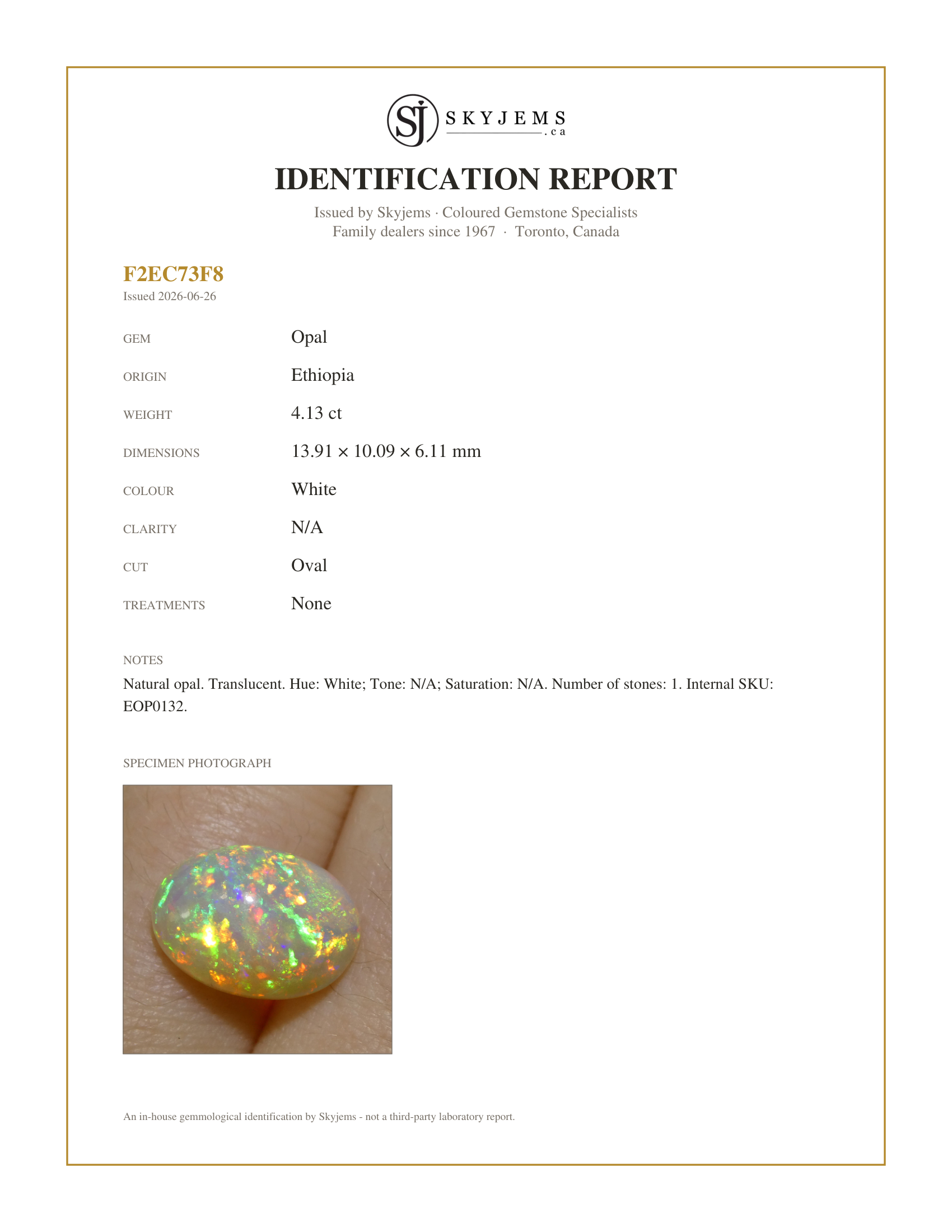 Skyjems Identification Report for EOP0132 — 4.13ct Oval Cabochon White Crystal Opal from Ethiopia
