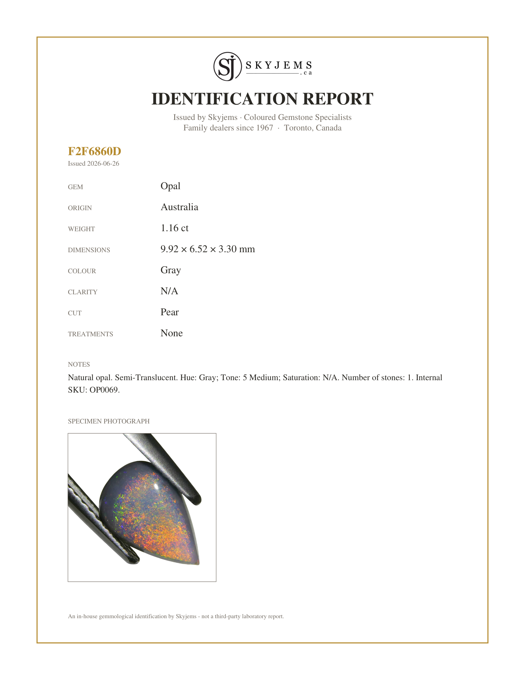 Skyjems Identification Report for OP0069 — 1.16ct Pear Cabochon Gray Opal from Australia