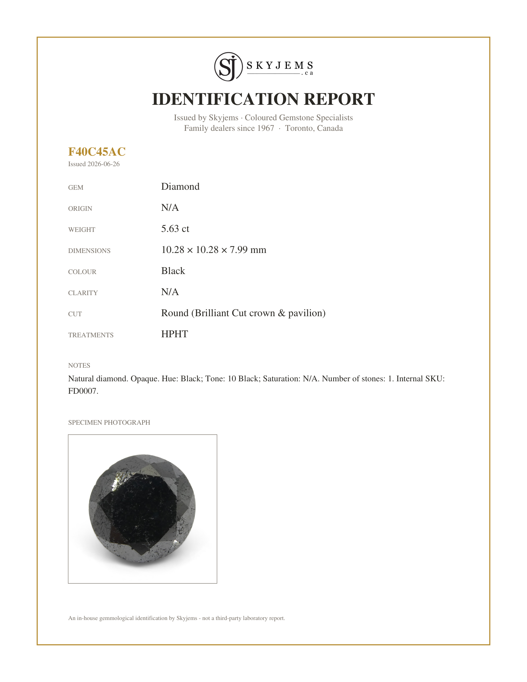 Skyjems Identification Report for FD0007 — 5.63ct Round Brilliant Cut Black Diamond
