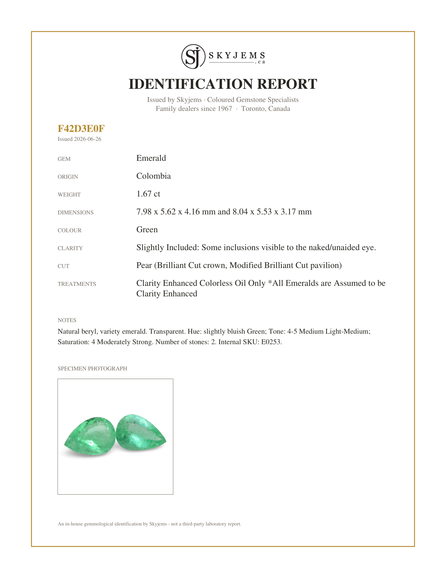 Skyjems Identification Report for E0253 — 1.67ct Pair Pear Green Emerald from Colombia
