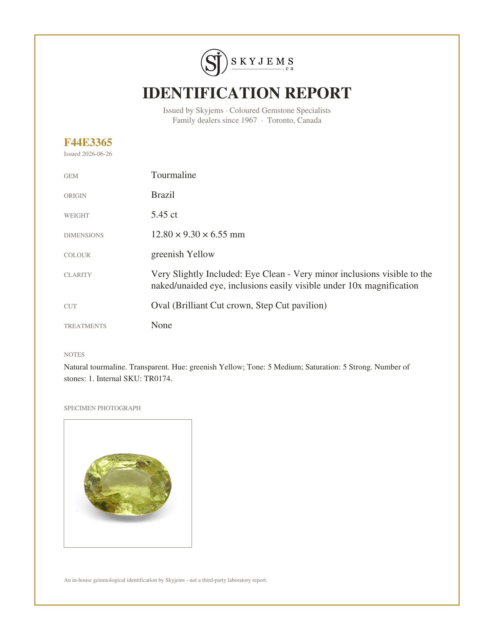 Skyjems Identification Report for TR0174 — 5.45ct Oval Yellow Tourmaline