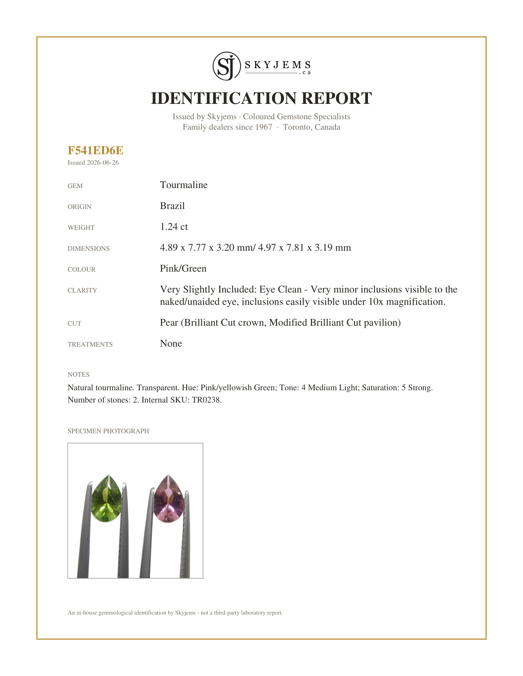 Skyjems Identification Report for TR0238 — 1.24ct Pair Pear Pink/Green Tourmaline
