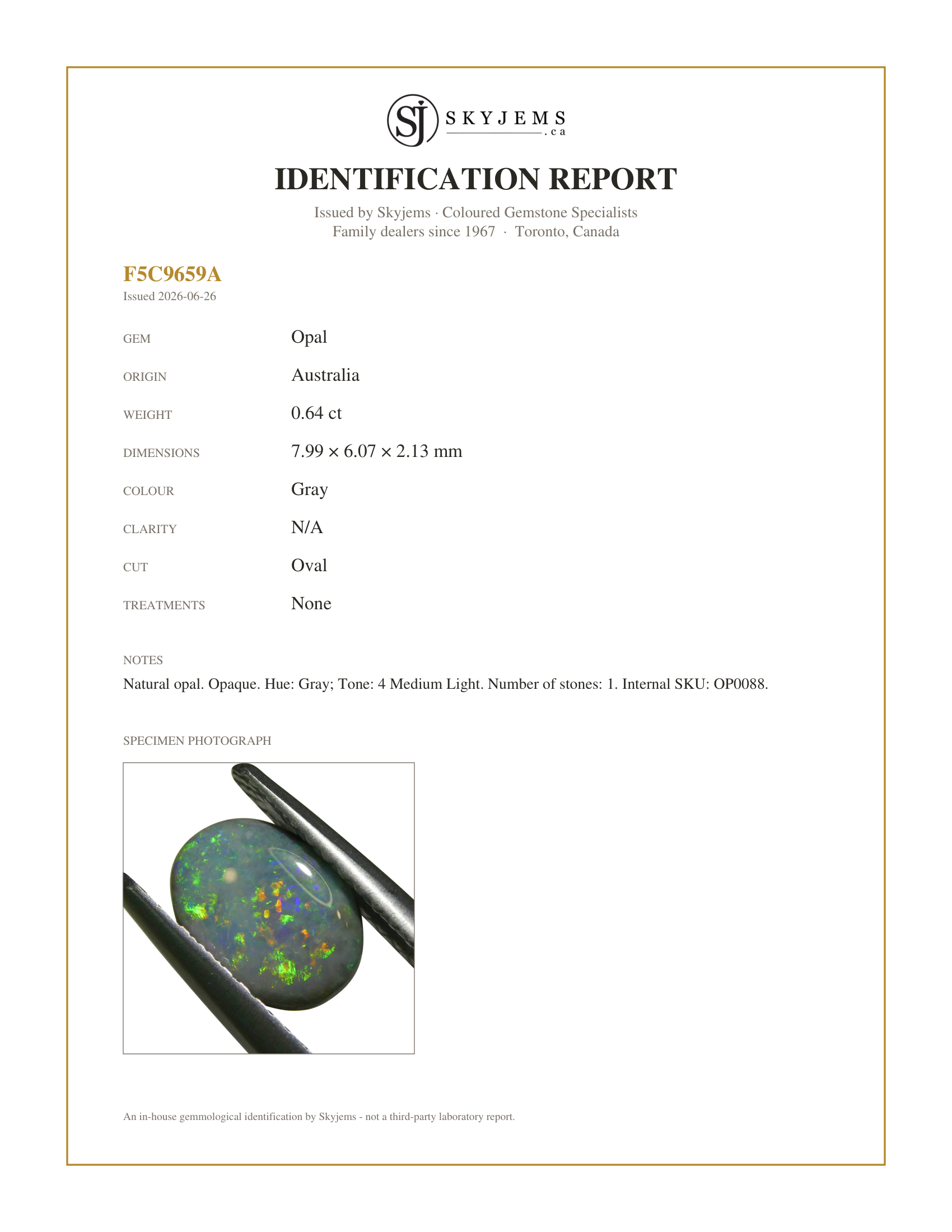 Skyjems Identification Report for OP0088 — 0.64ct Oval Cabochon Gray Opal from Australia