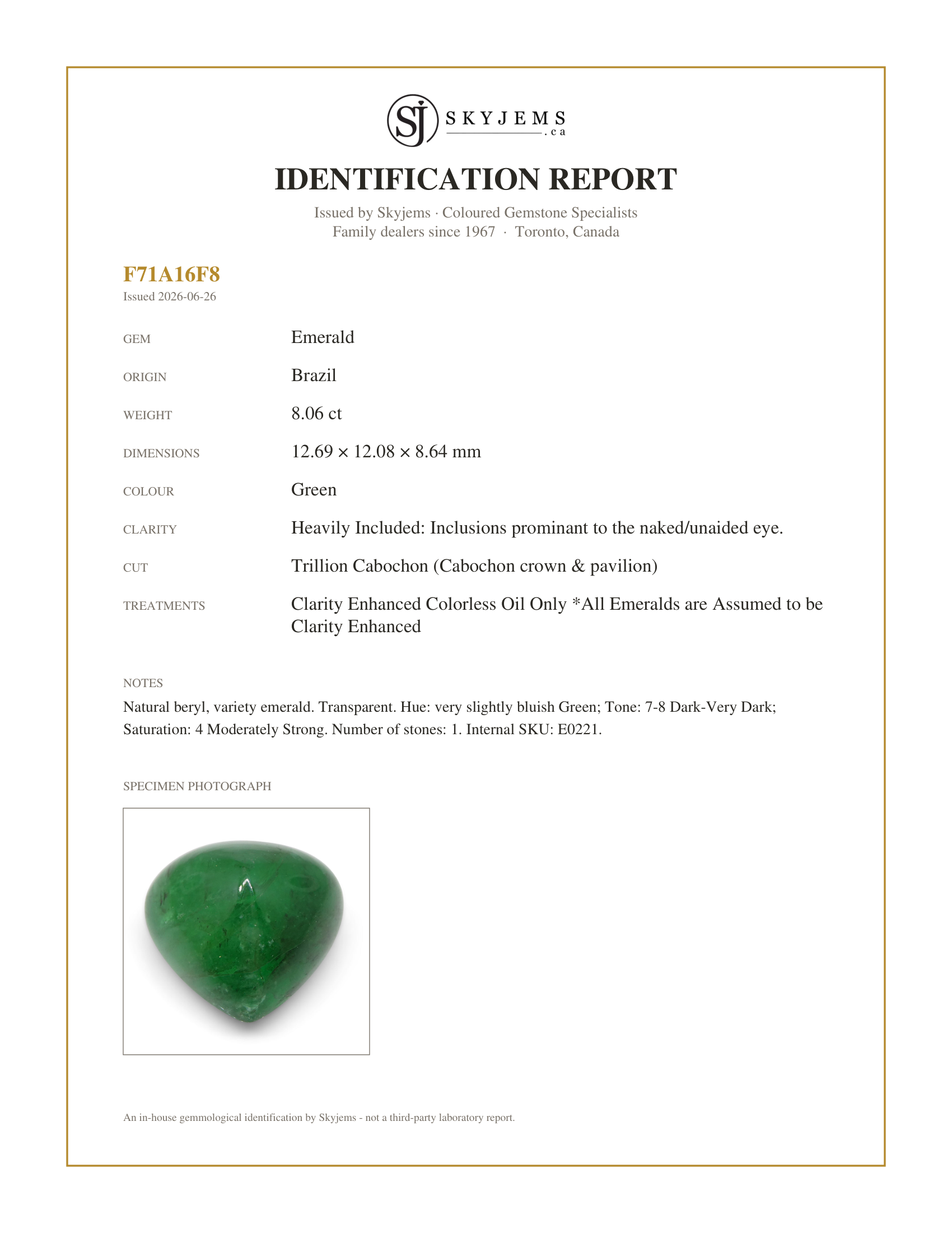 Skyjems Identification Report for E0221 — 8.06ct Trillion Cabochon Green Emerald from Brazil