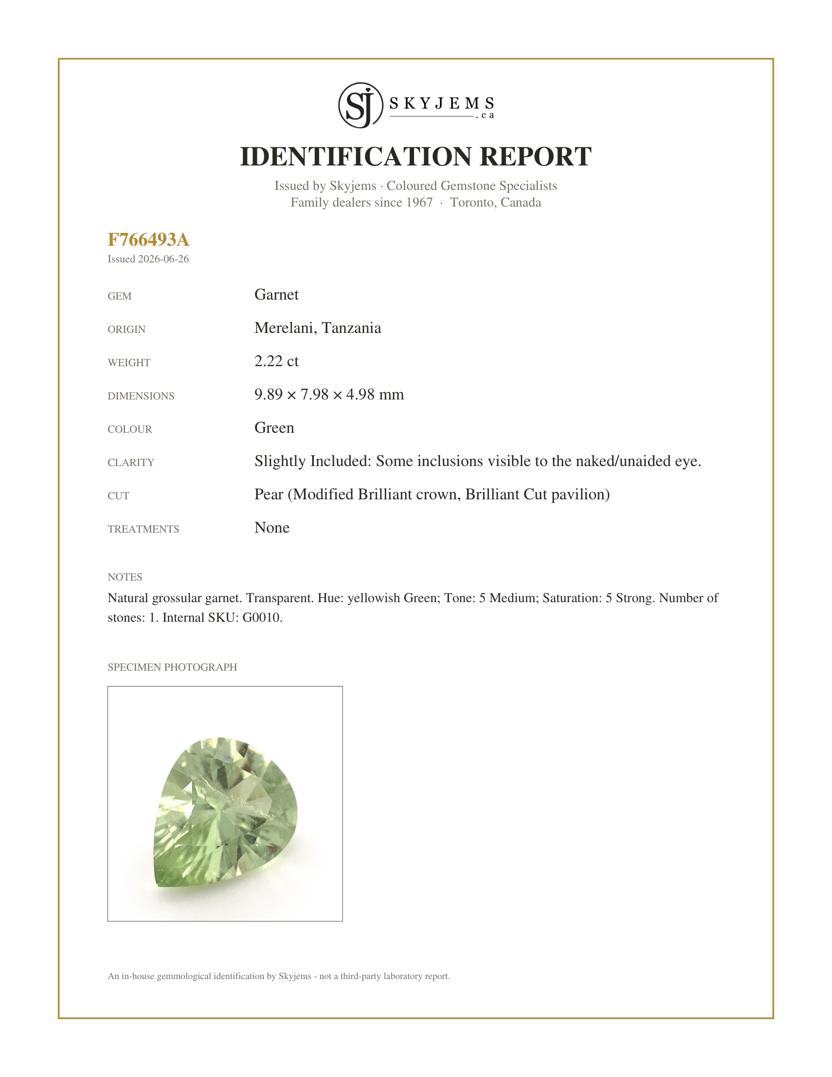Skyjems Identification Report for G0010 — 2.22ct Pear Green Merelani Mint Tsavorite Garnet from Tanzania