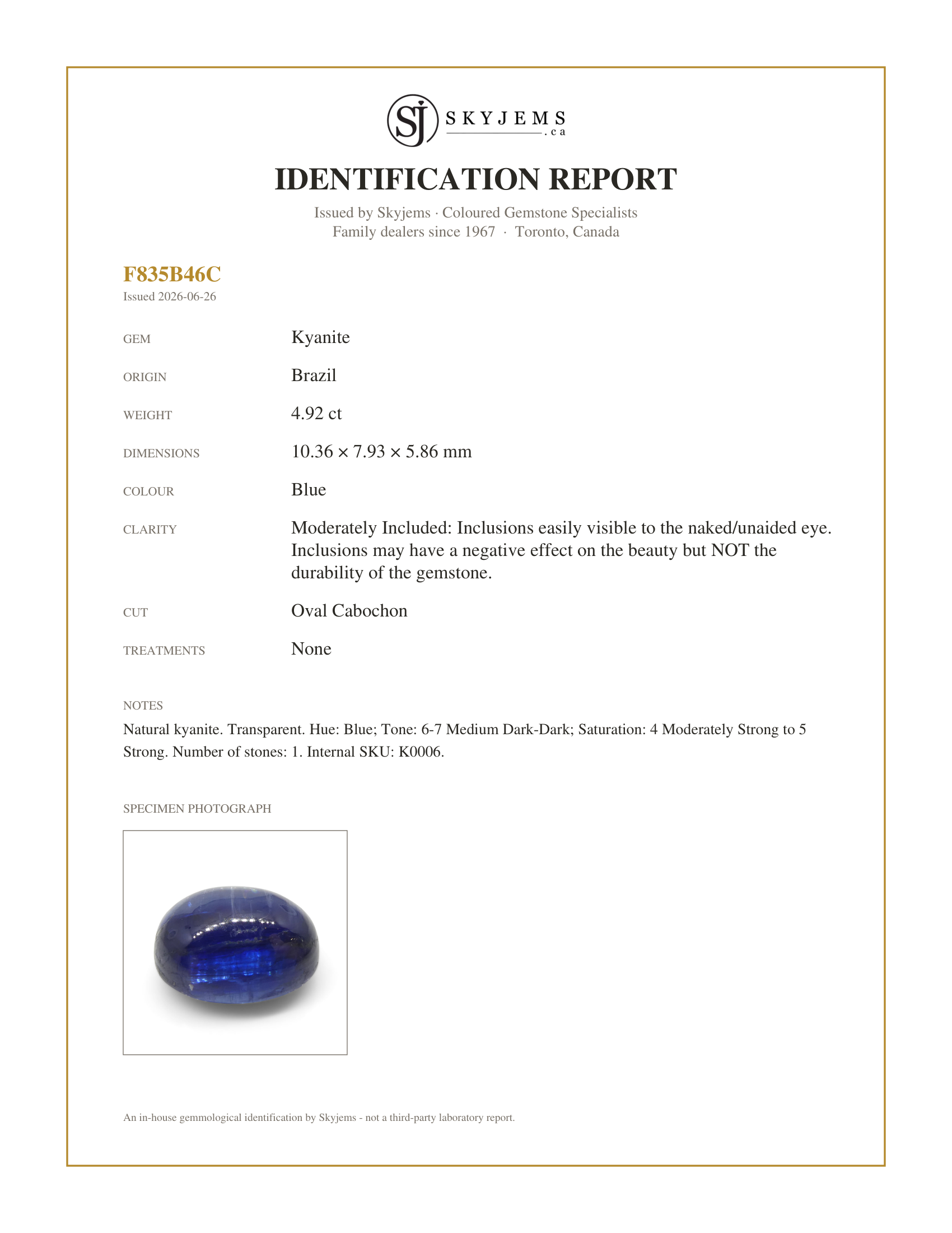 Skyjems Identification Report for K0006 — 4.92ct Oval Cabochon Blue Kyanite