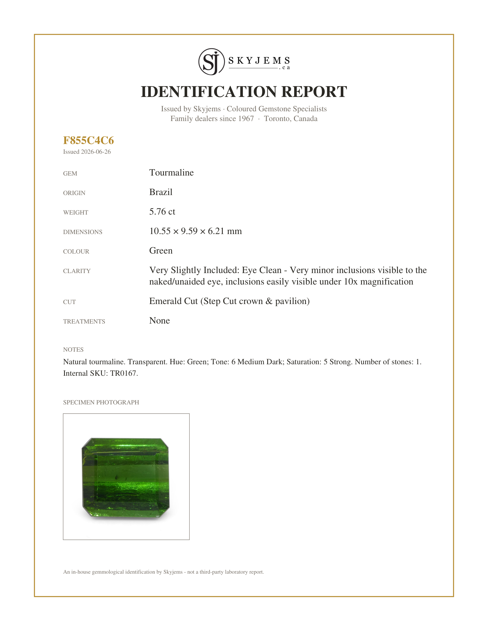 Skyjems Identification Report for TR0167 — 5.76ct Emerald Cut Green Tourmaline