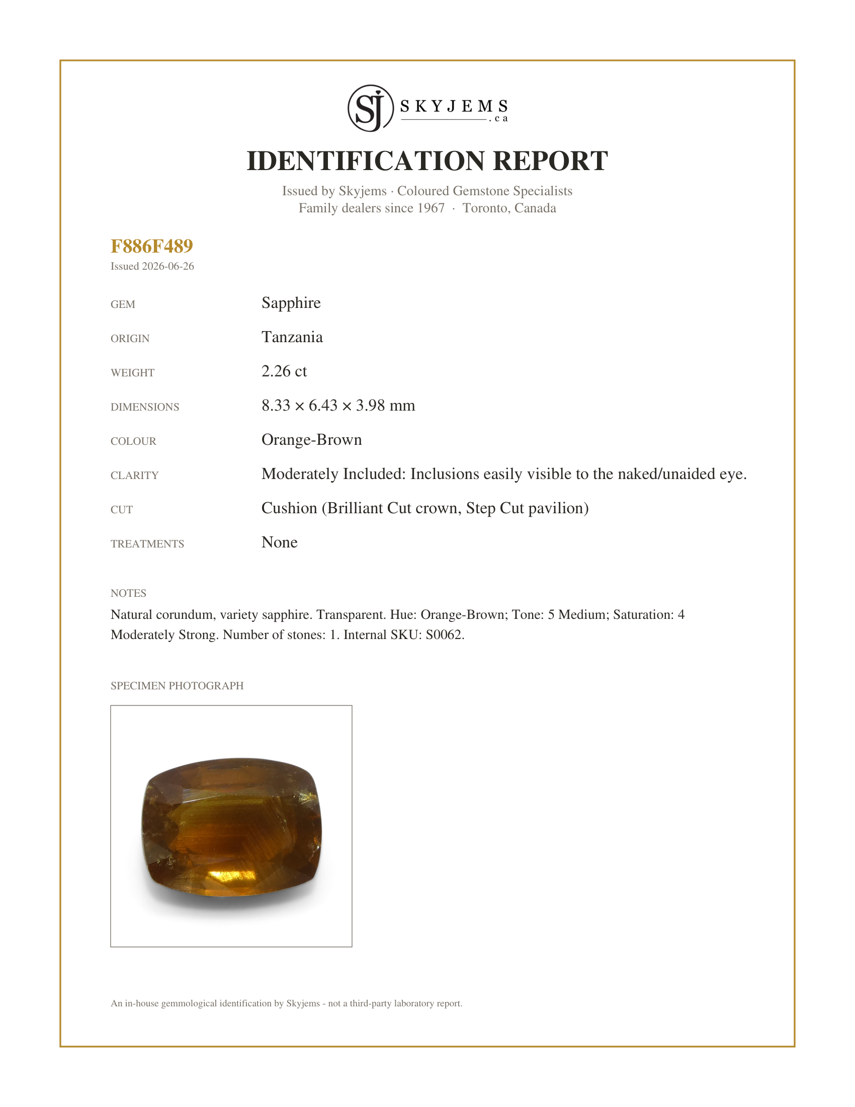 Skyjems Identification Report for S0062 — 2.26ct Cushion Orange-Brown Sapphire from Tanzania, Unheated