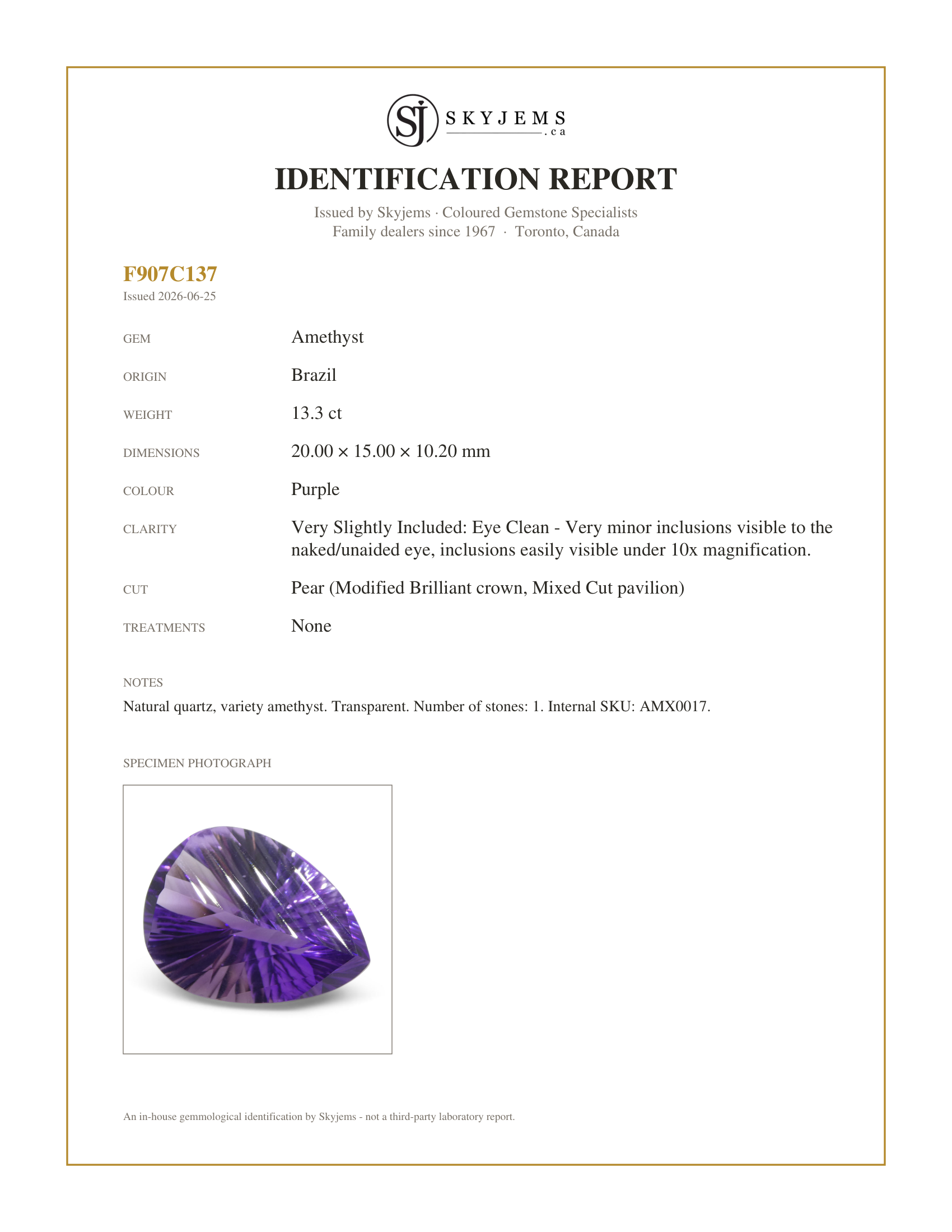 Skyjems Identification Report for AMX0017 — 13.30ct Pear Amethyst 'Gloria' Fantasy/Fancy Cut