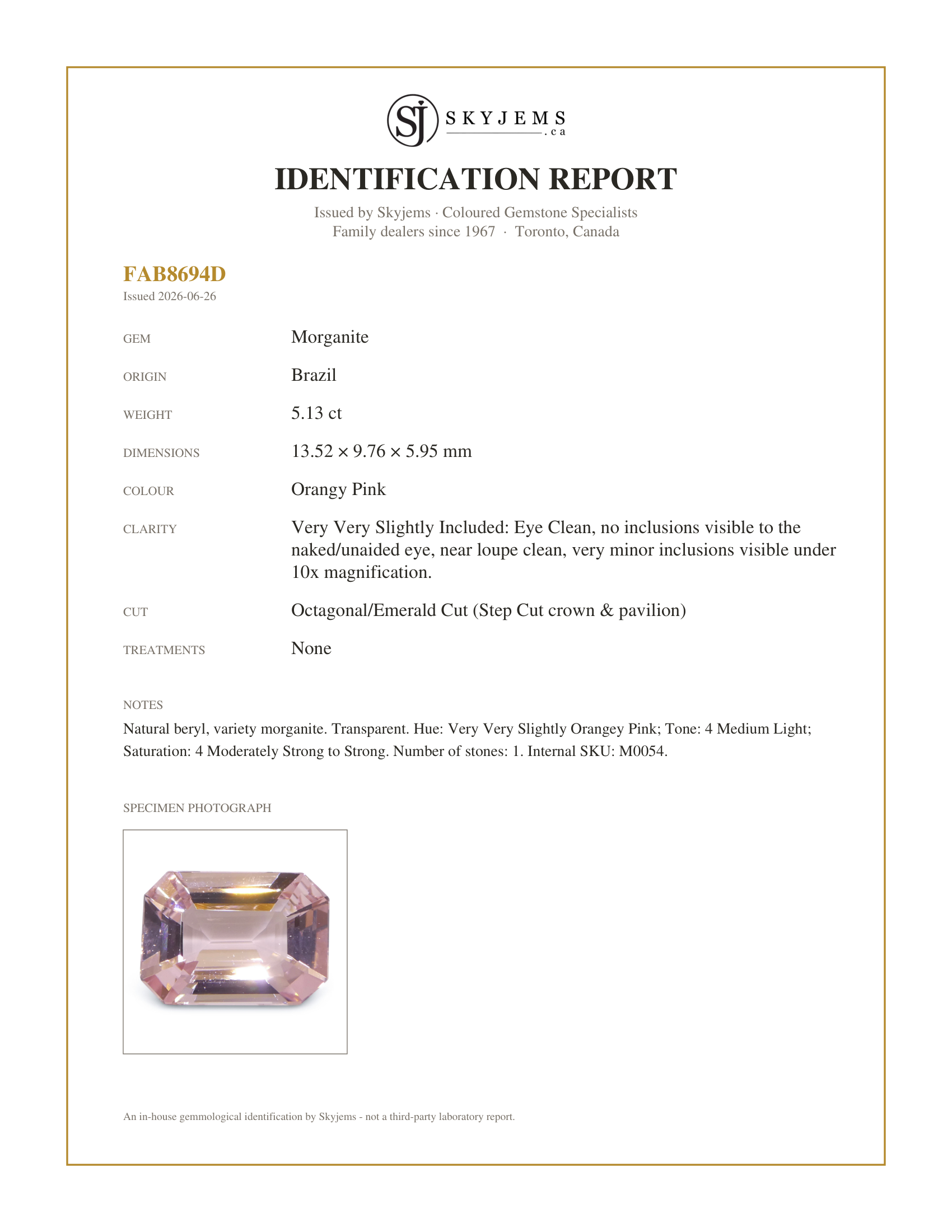 Skyjems Identification Report for M0054 — 5.13ct Octagonal/Emerald Cut Orangy Pink Morganite