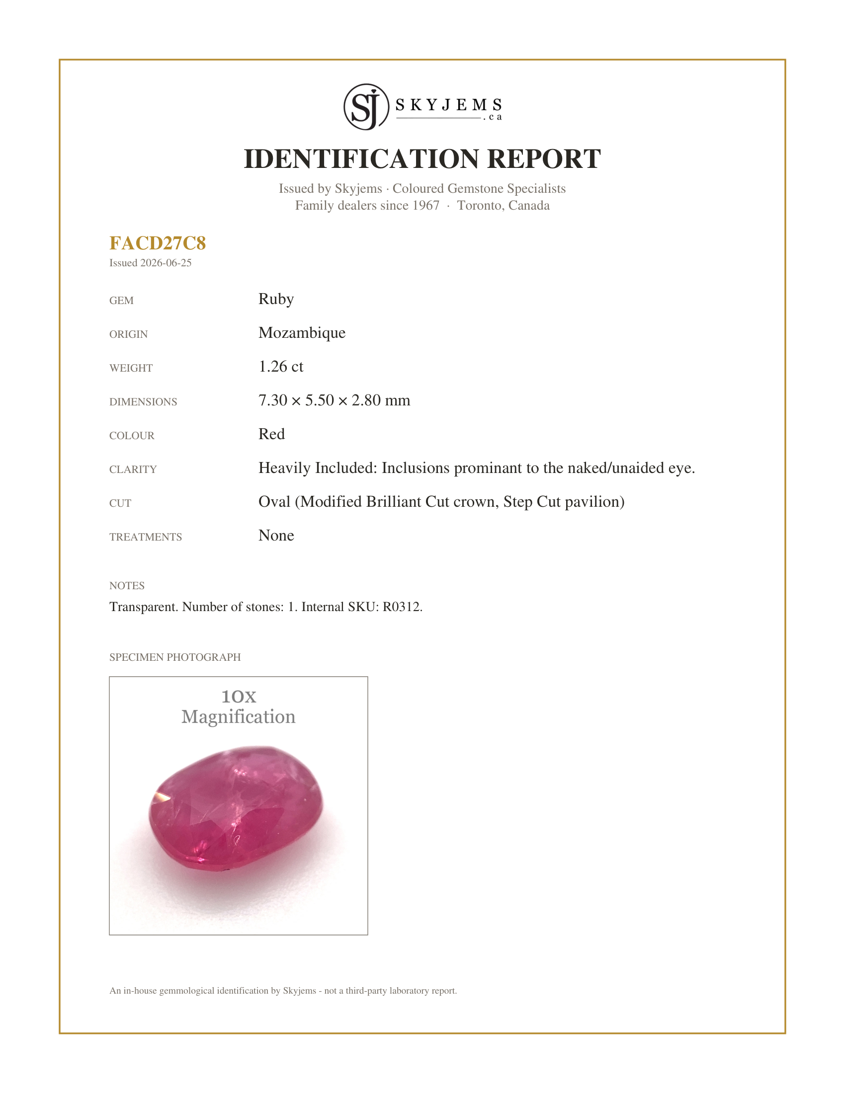Skyjems Identification Report for R0312 — 1.26ct Oval Red Ruby Unheated