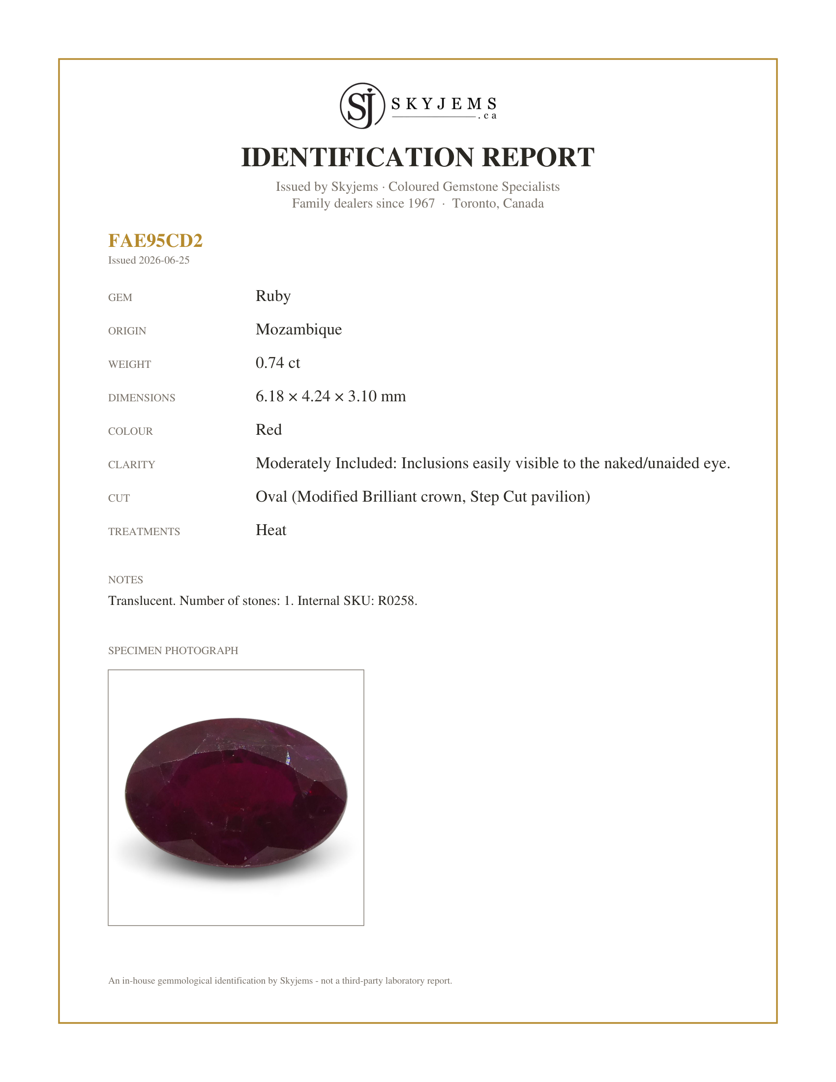 Skyjems Identification Report for R0258 — 0.74 ct Oval Ruby Mozambique