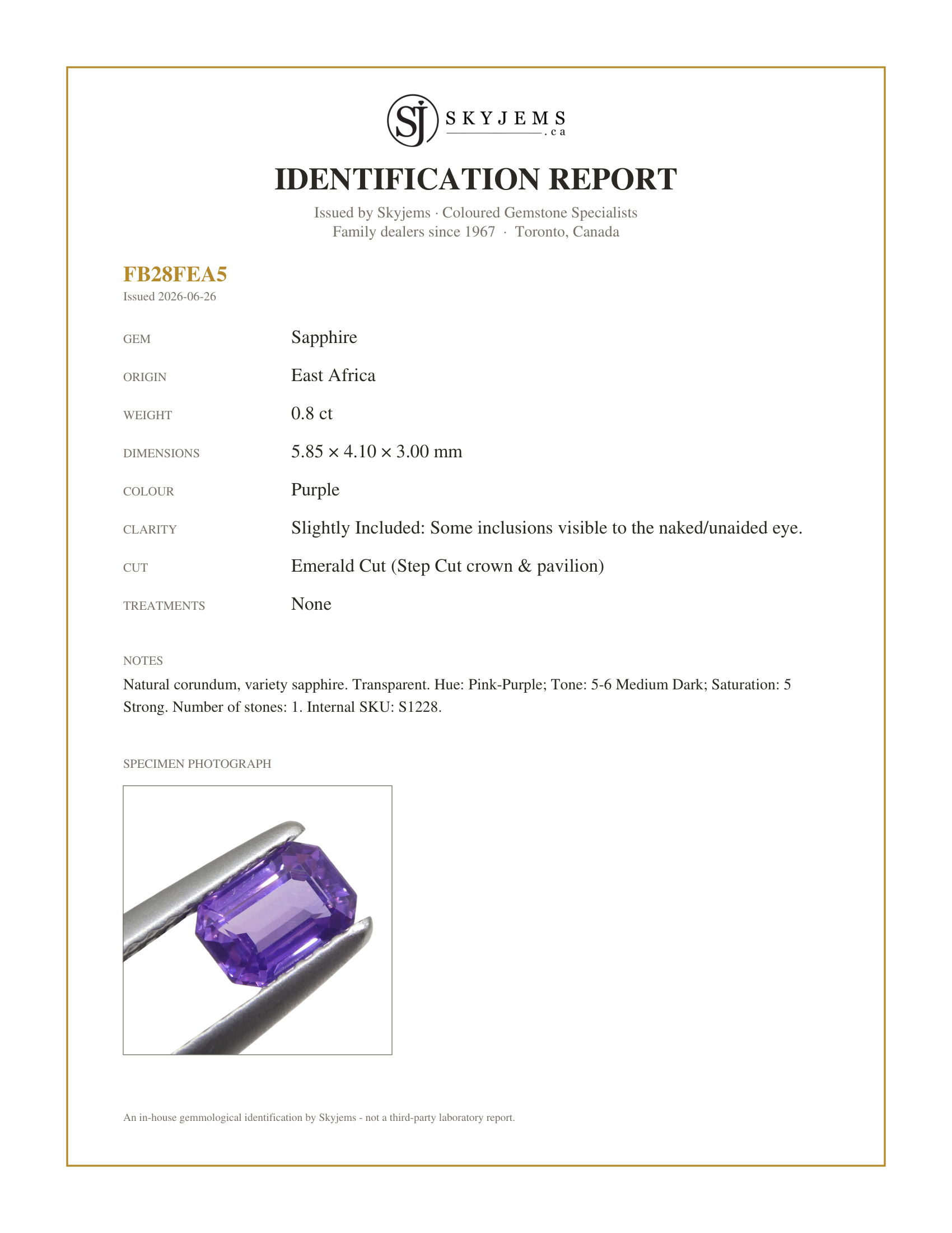 Skyjems Identification Report for S1228 — 0.8ct Emerald Cut Purple Sapphire from East Africa, Unheated