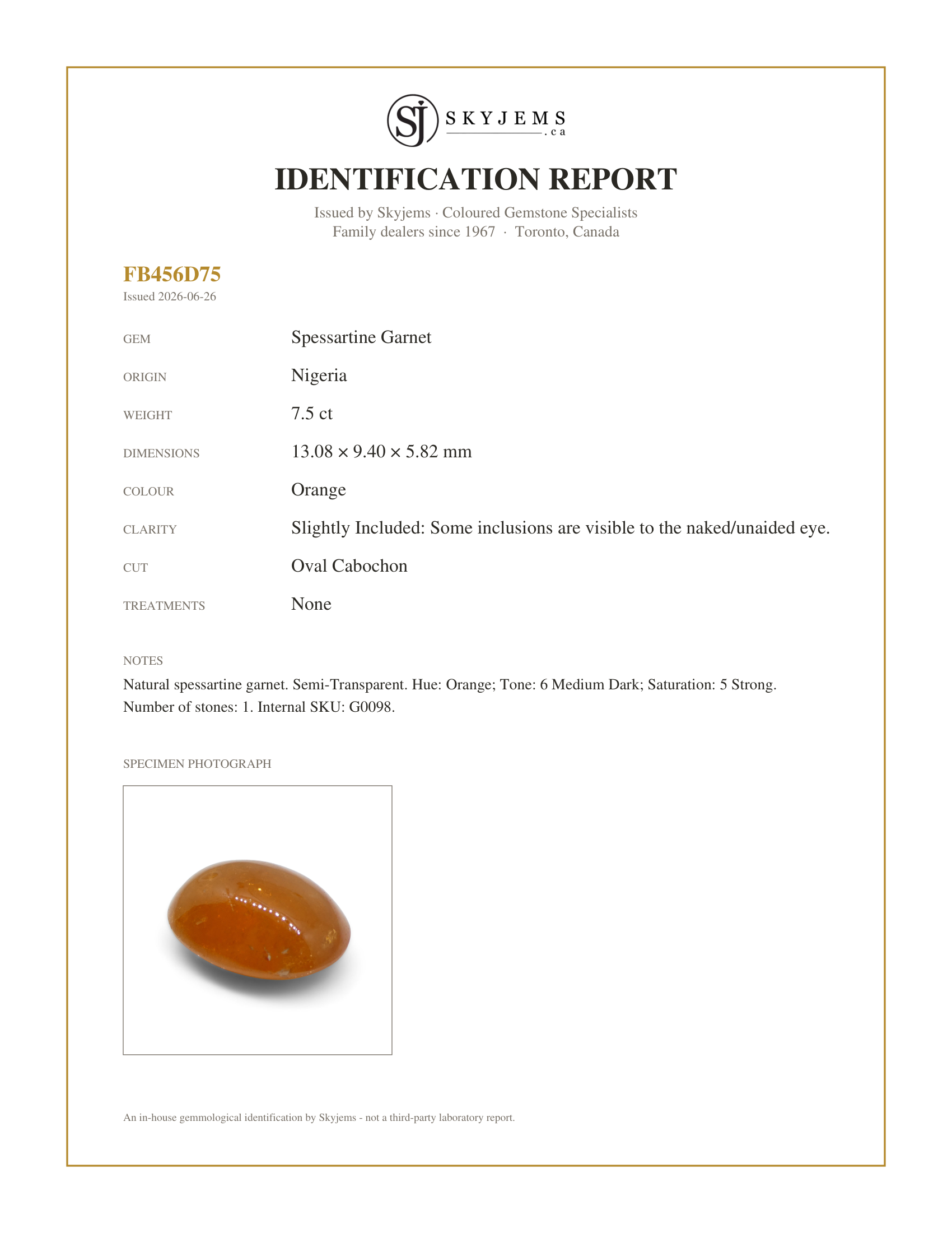 Skyjems Identification Report for G0098 — 7.5ct Oval Cabochon Orange Mandarin Spessartine Garnet from Nigeria