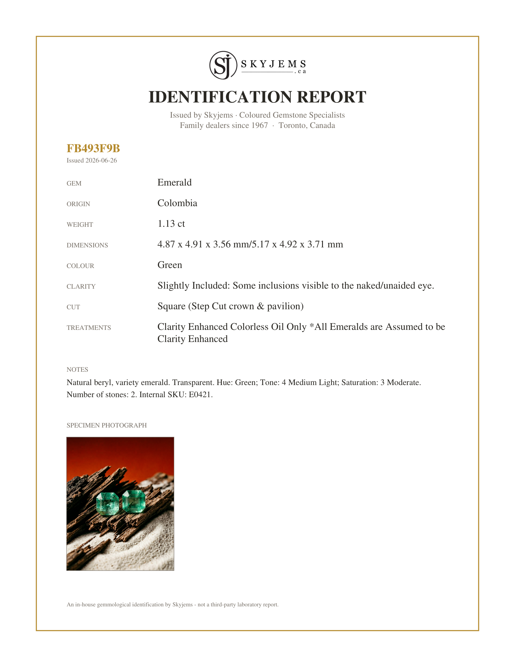 Skyjems Identification Report for E0421 — 1.13ct Pair Square Green Emerald from Colombia