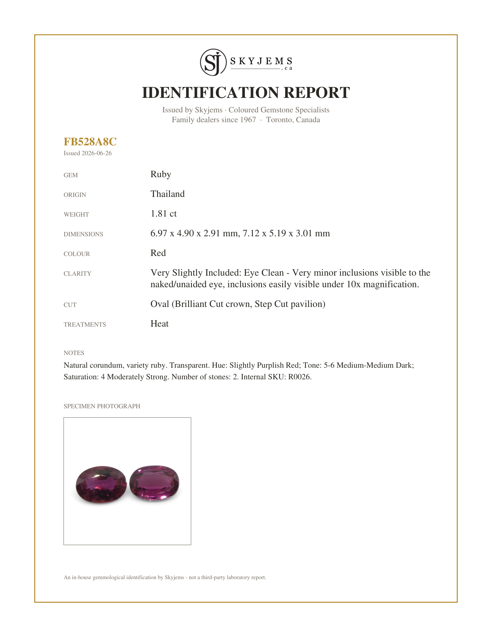 Skyjems Identification Report for R0026 — 1.81ct Oval Red Ruby from Thailand Pair